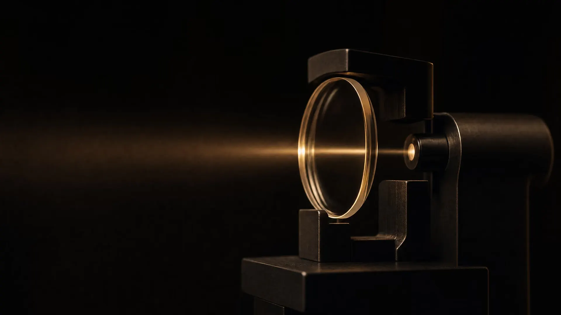 A lens held upright in a precision testing instrument, a thin beam of warm light passing through its center.