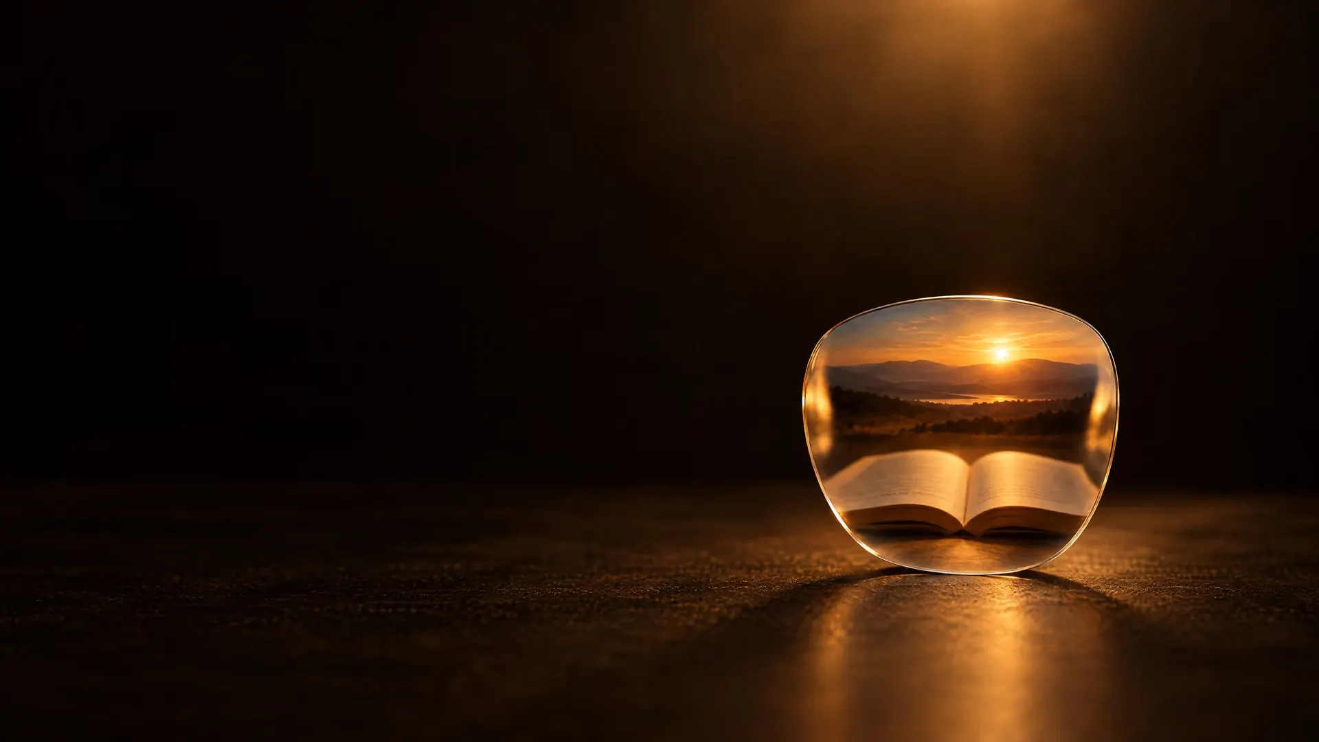 A clear progressive lens standing on its edge in warm light: a distant horizon seen through its top, an open book through its bottom, the sides of the view softly blurred.