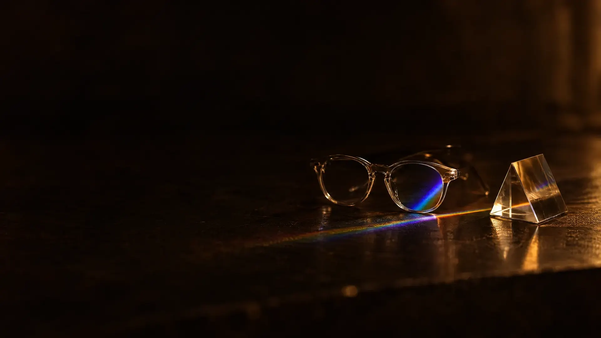 A glass prism casting a spectrum across a dark bench, its blue end falling across one lens of a pair of glasses.
