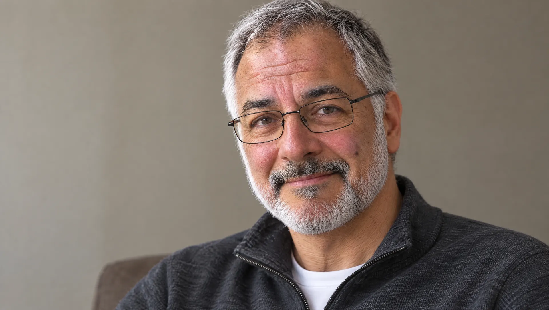 A man in his late fifties with a short gray beard and thin gunmetal glasses looks toward the camera in soft daylight; his eyes read clearly through the lenses, which carry no reflection.