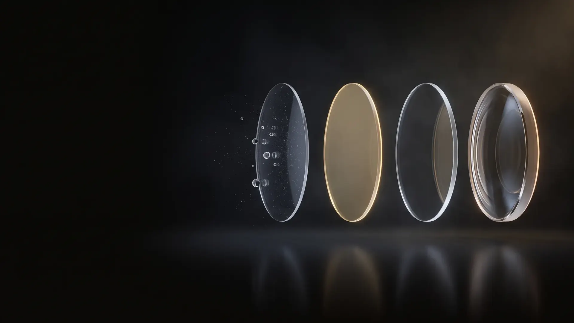 An exploded view of a lens coating: the top coat beading water, the gold anti-reflective layer, the hard coat, and the clear lens, floating apart in the dark.