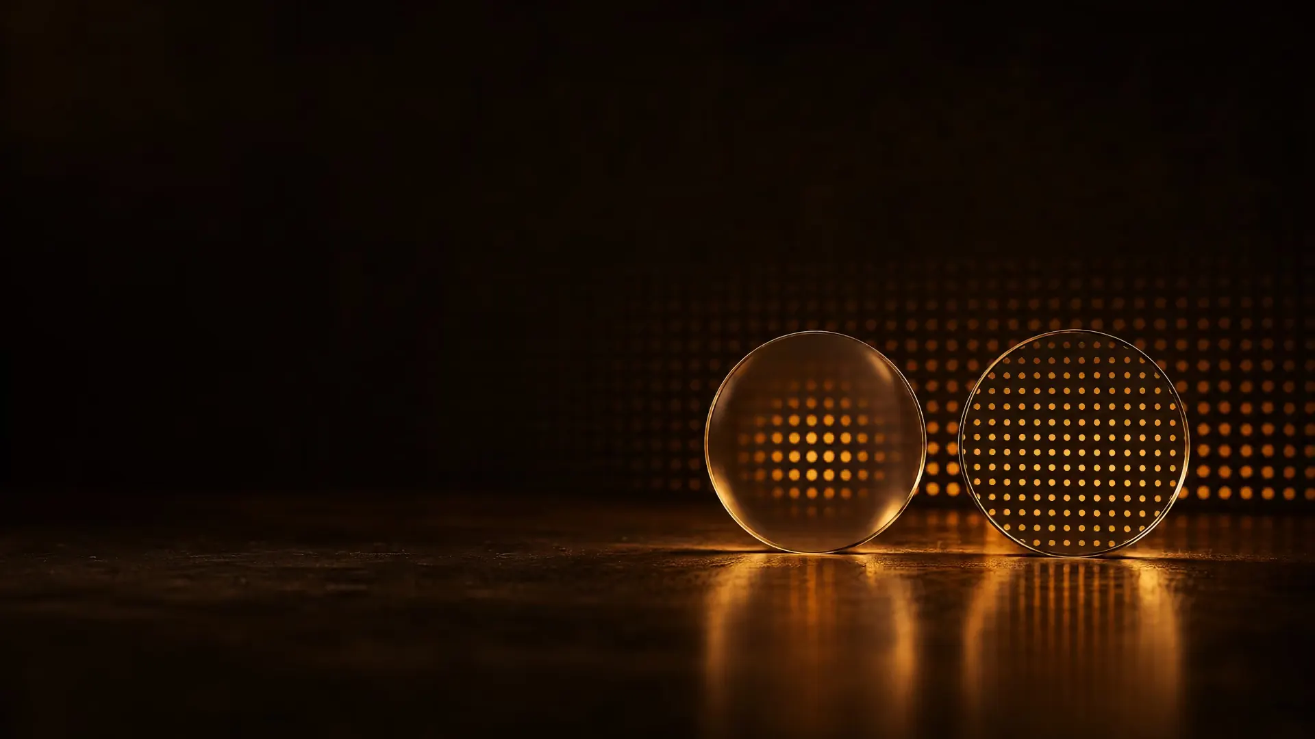 Two lenses in front of a grid of glowing holes: through one the grid blurs toward its edge, through the other it stays sharp.
