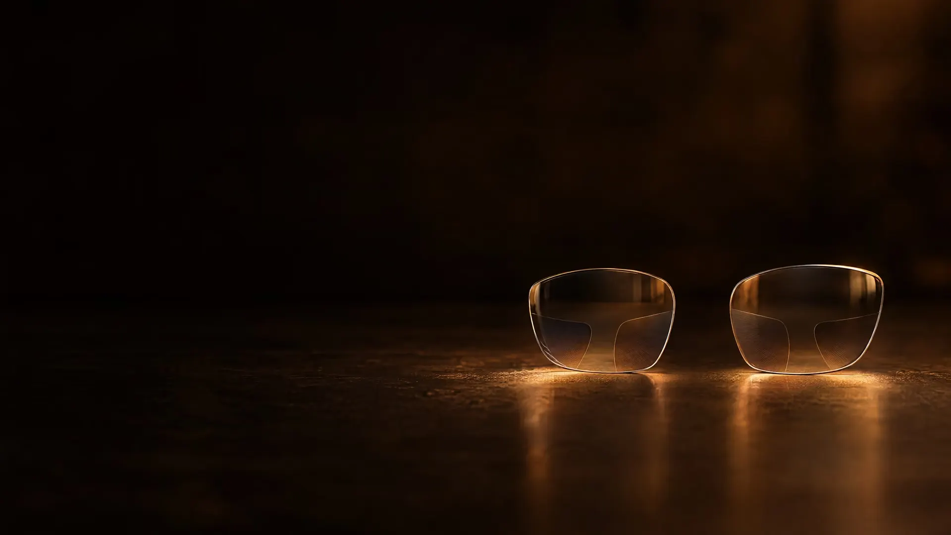 Two progressive lenses standing side by side, each in its own pool of light.