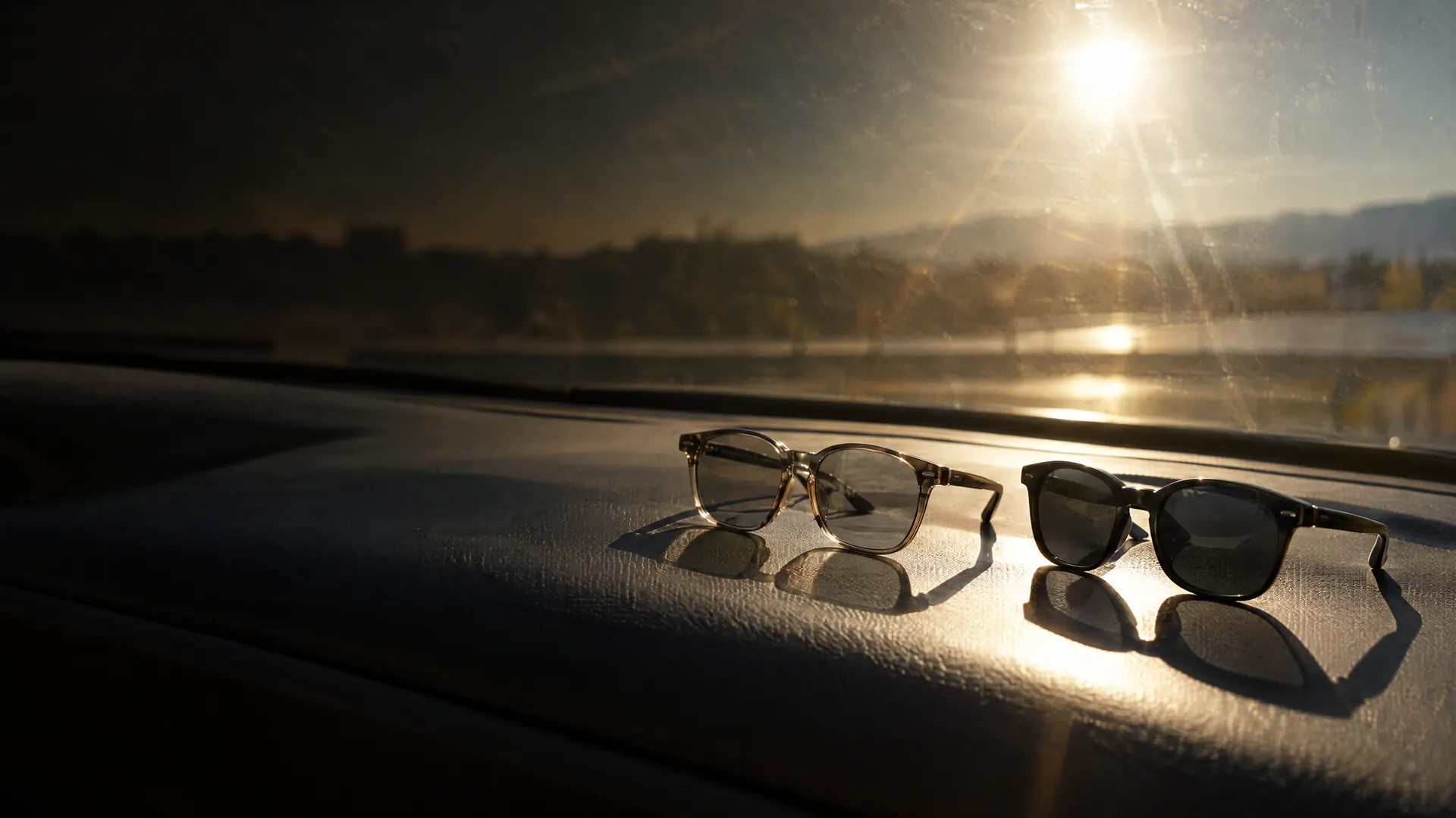 Two pairs of glasses on a car dashboard in bright sun behind the windshield, one lightly tinted and one dark, their shadows sharp.