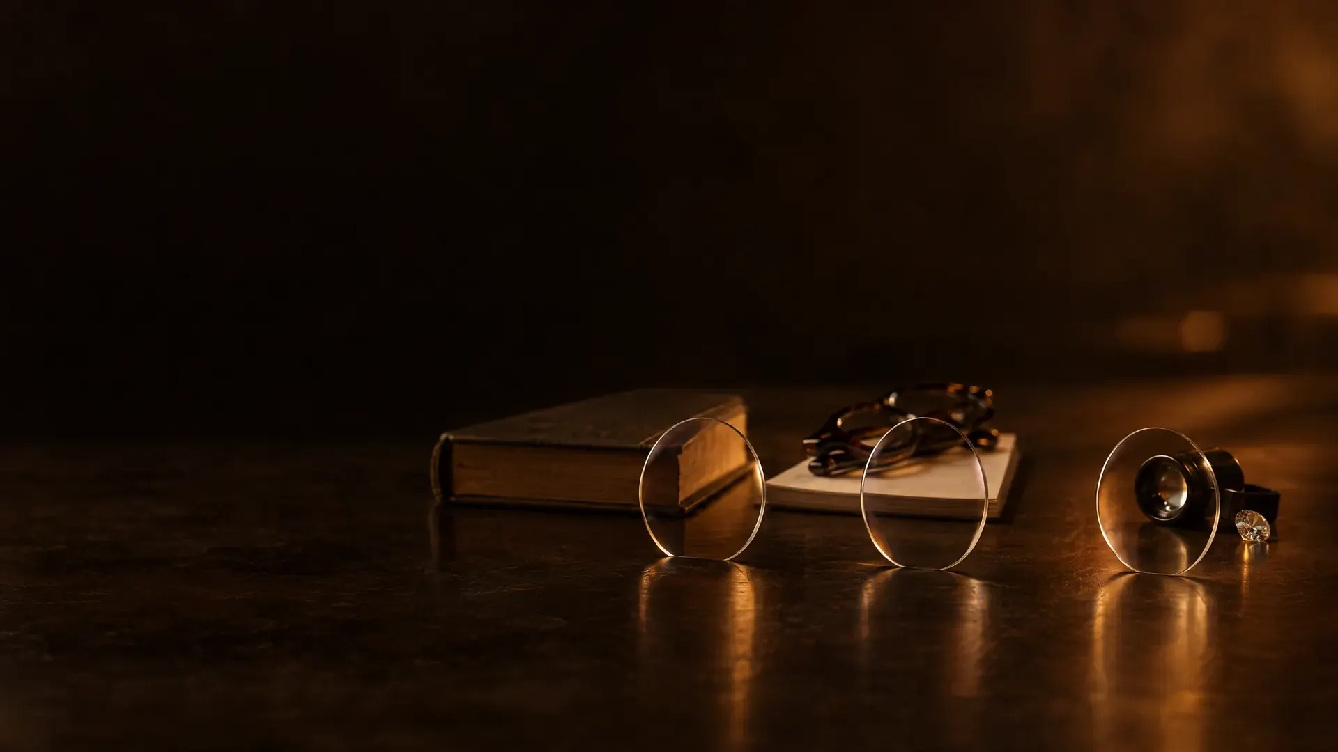 Three lenses in a row, in front of a book, a pair of glasses on a notepad, and a loupe beside a small gemstone.