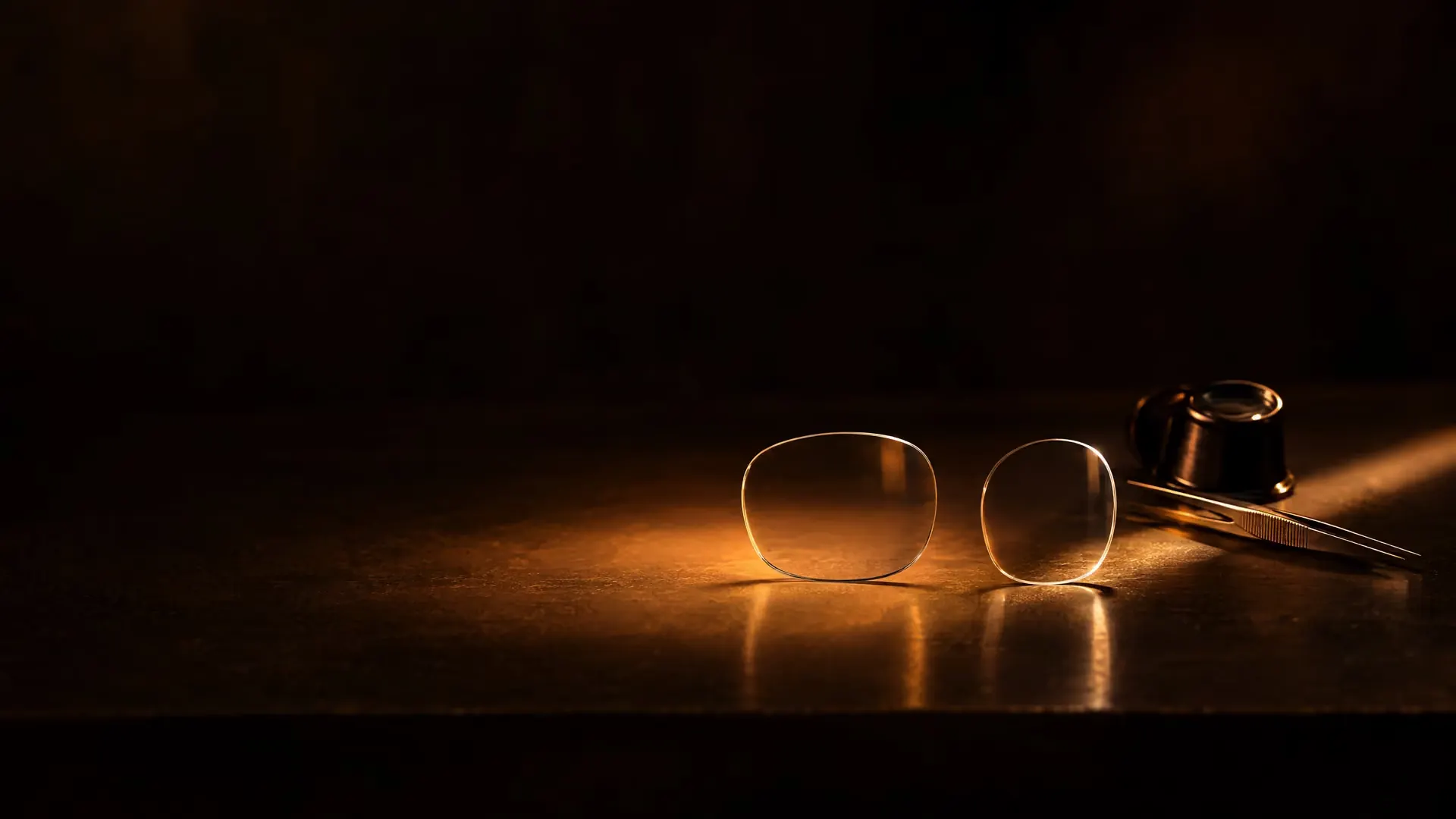 Two lenses side by side: one in broad even light, one in a narrow beam beside a loupe and fine tweezers.