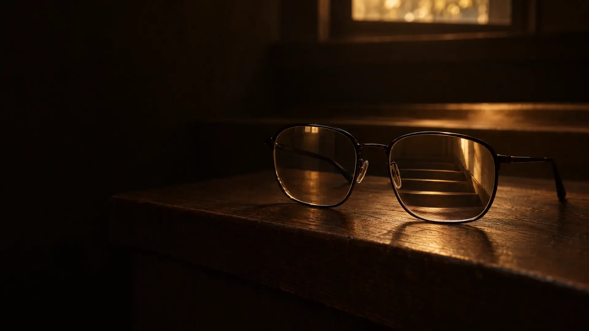 A pair of glasses resting on the top step of a dim staircase, the steps below seen through one lens.