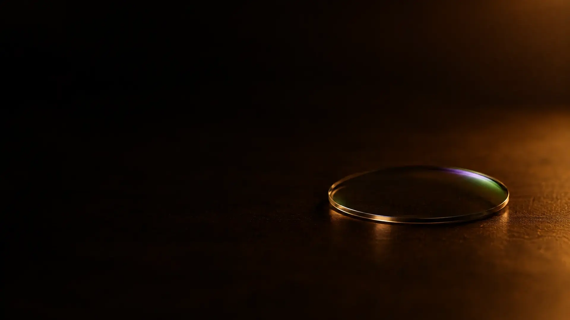 A clear lens lying flat under a lamp, its surface showing only a faint violet-green reflection glint.