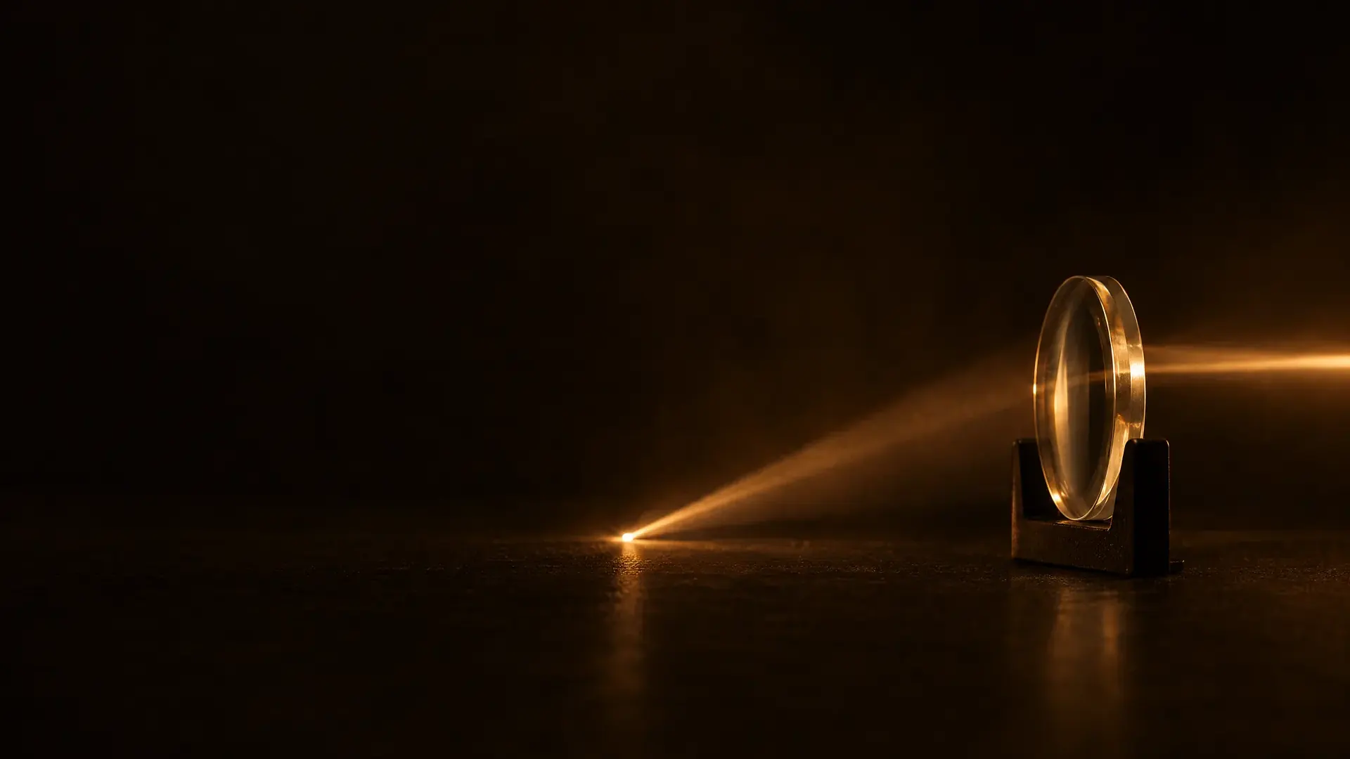 A lens in a small stand bending a narrow beam of warm light to one bright focal point.