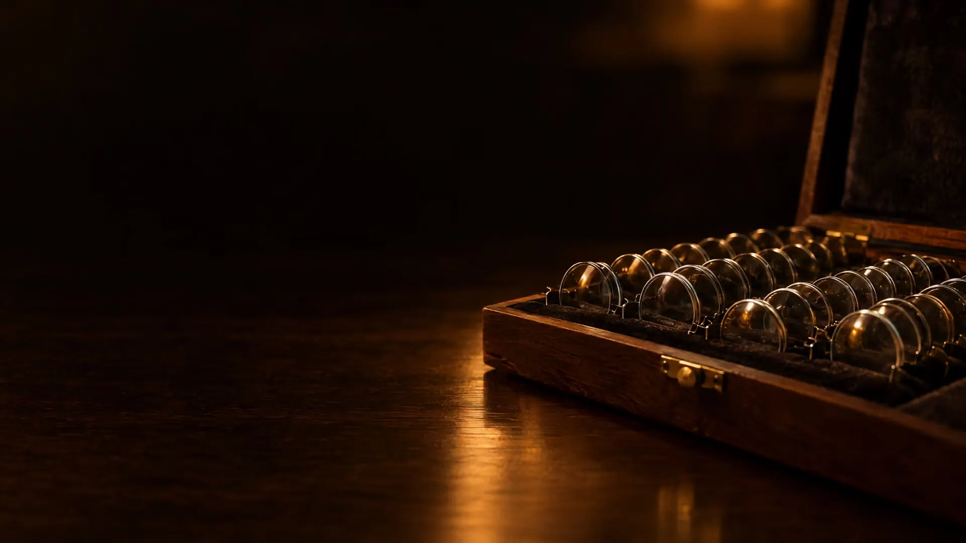 An open wooden case of small round trial lenses in velvet slots, warm lamp light glinting across the glass.