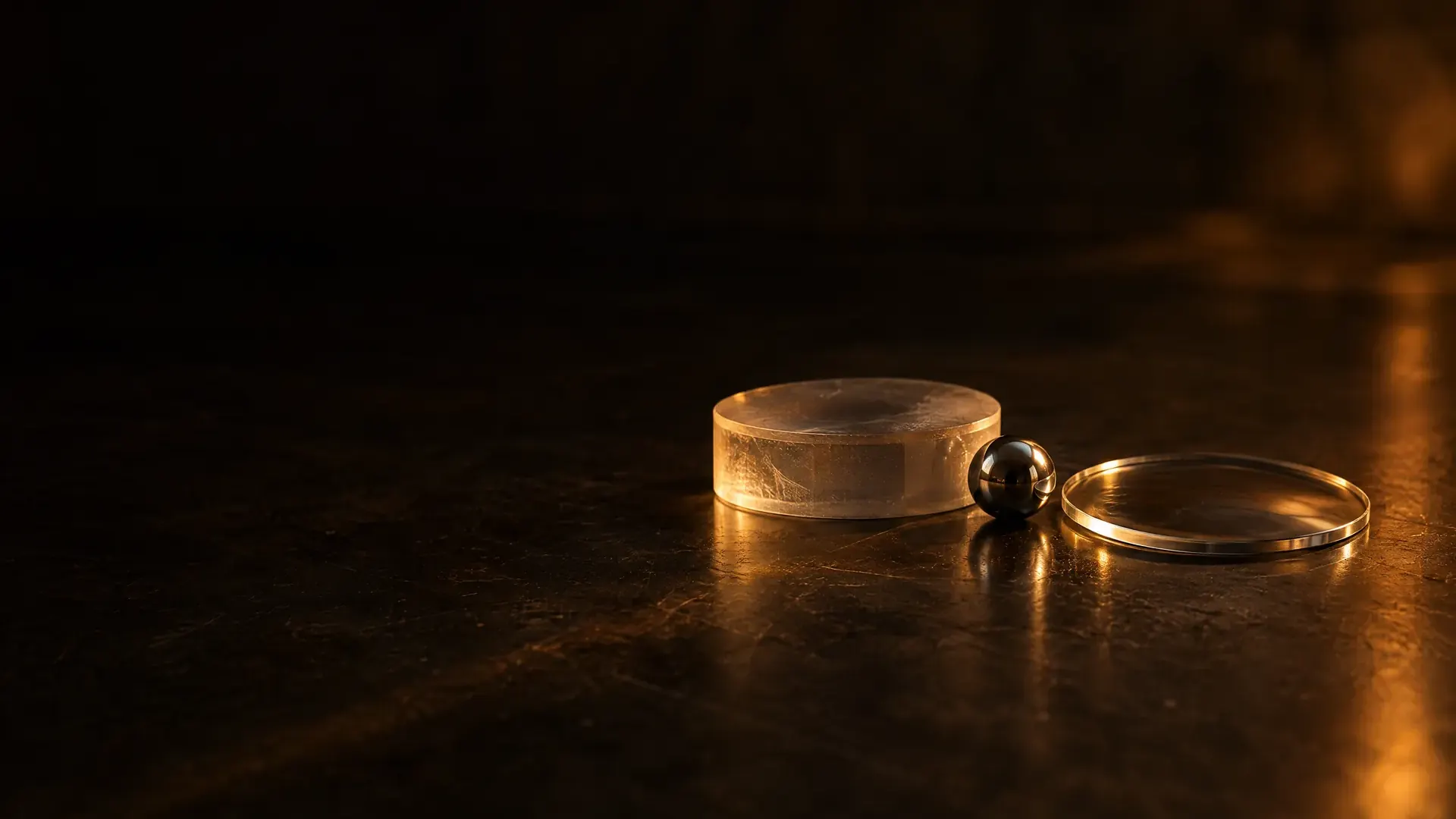 A thick lens blank and a thin finished lens on a steel bench, a polished steel ball between them.