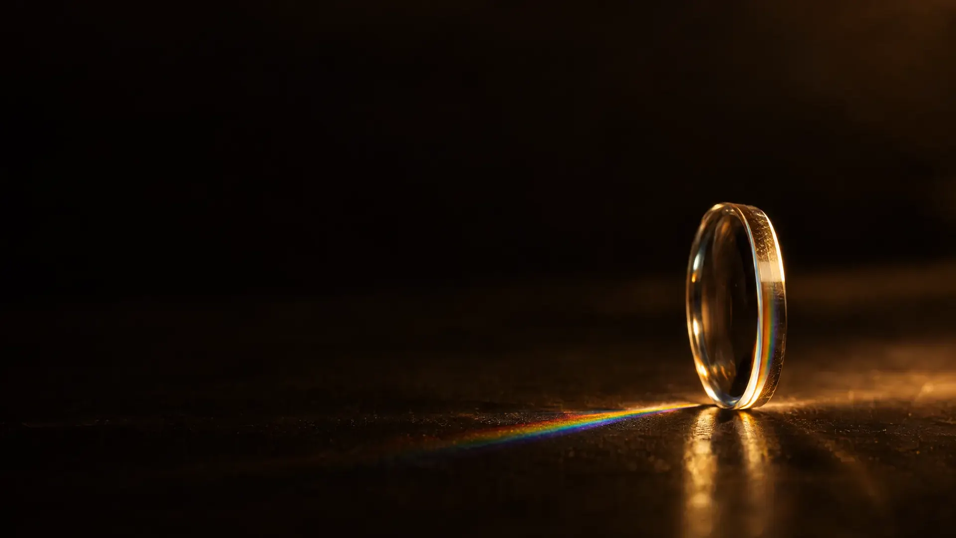 A clear lens on its edge, light passing through its thick edge splitting into a faint rainbow fringe.