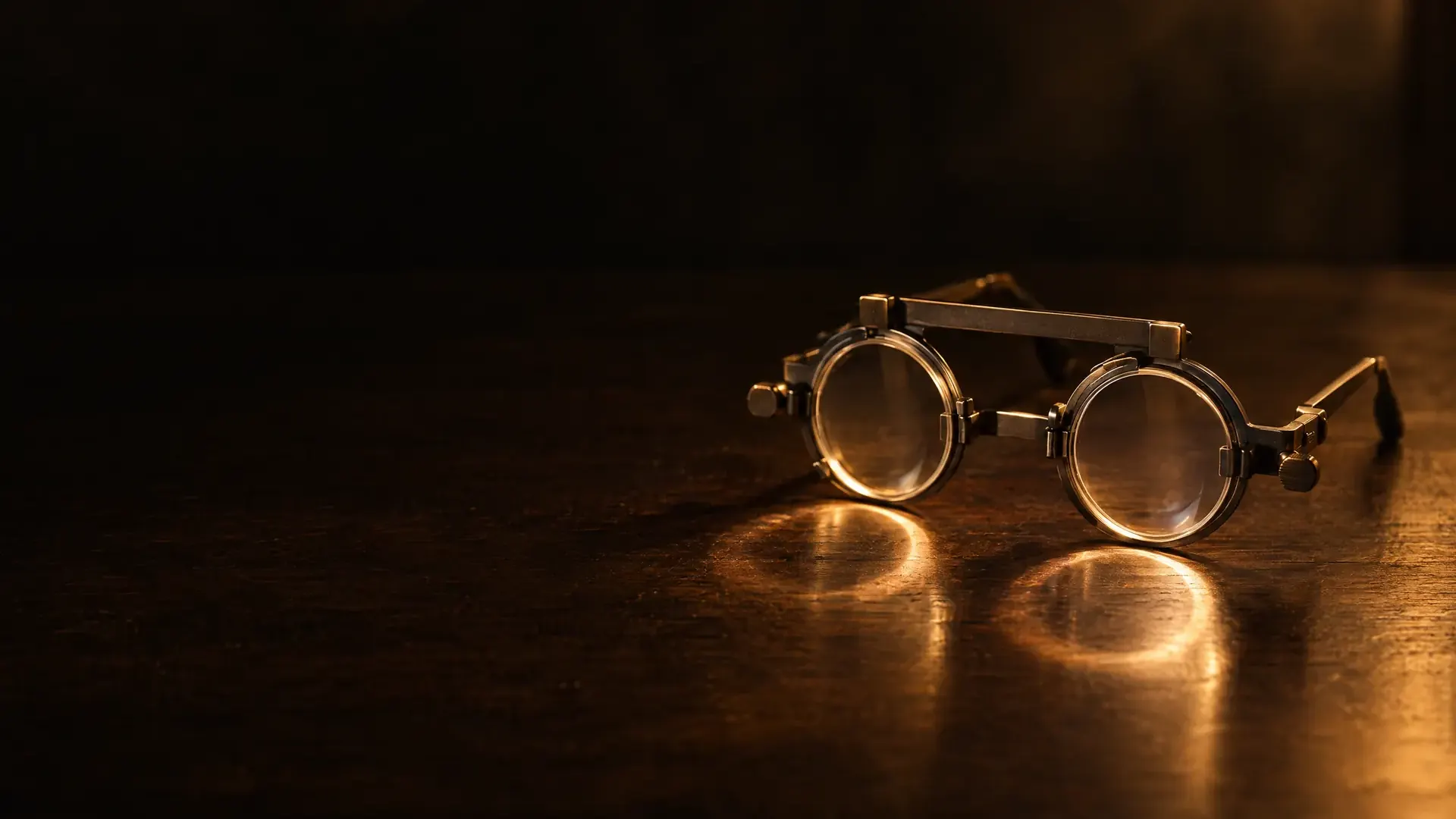 An optician's trial frame with two round lenses on a dark desk, light passing through them in two bright rings.