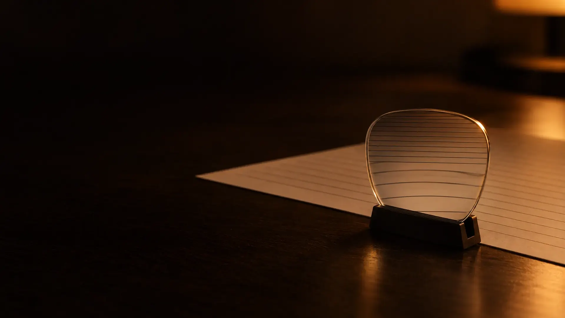 A progressive lens in front of ruled paper, the lines appearing larger through its lower part.
