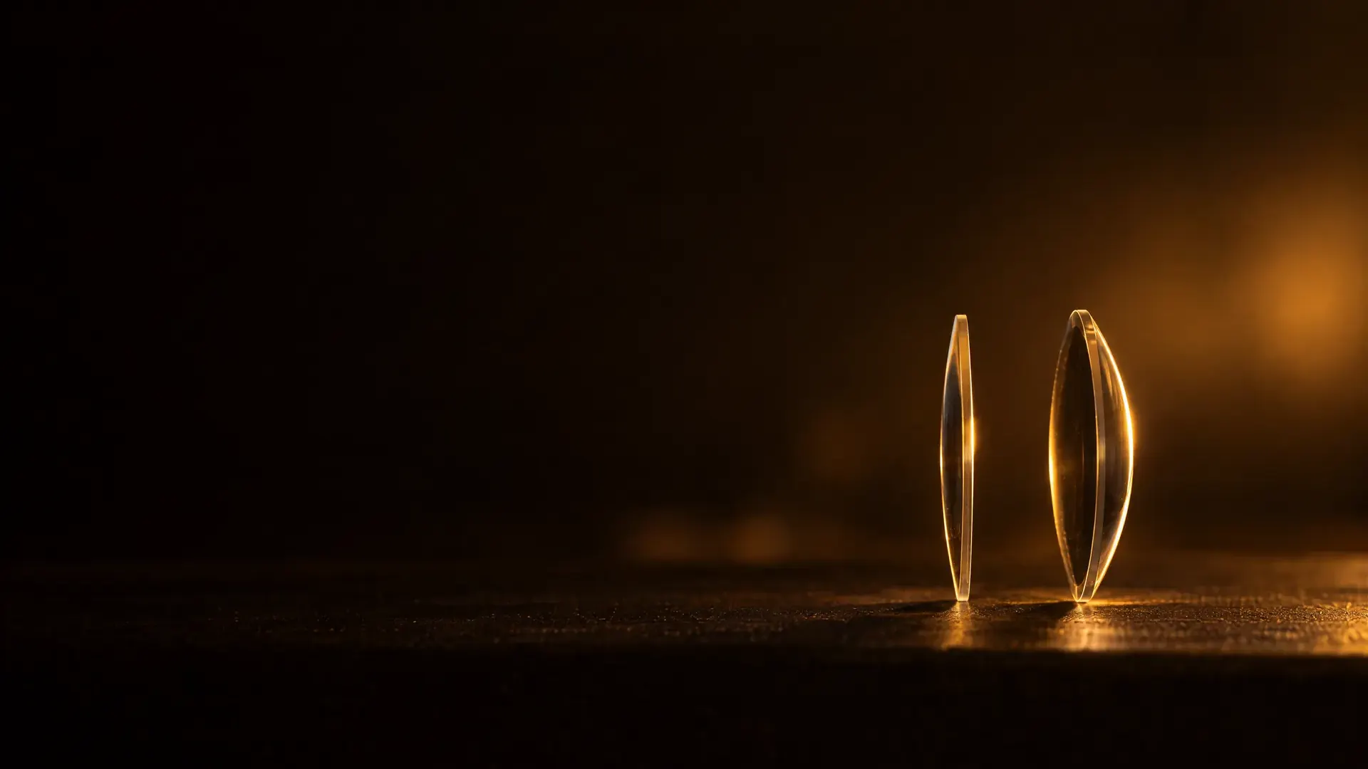 Two thin lenses backlit on their edges: one almost flat, one deeply curved.