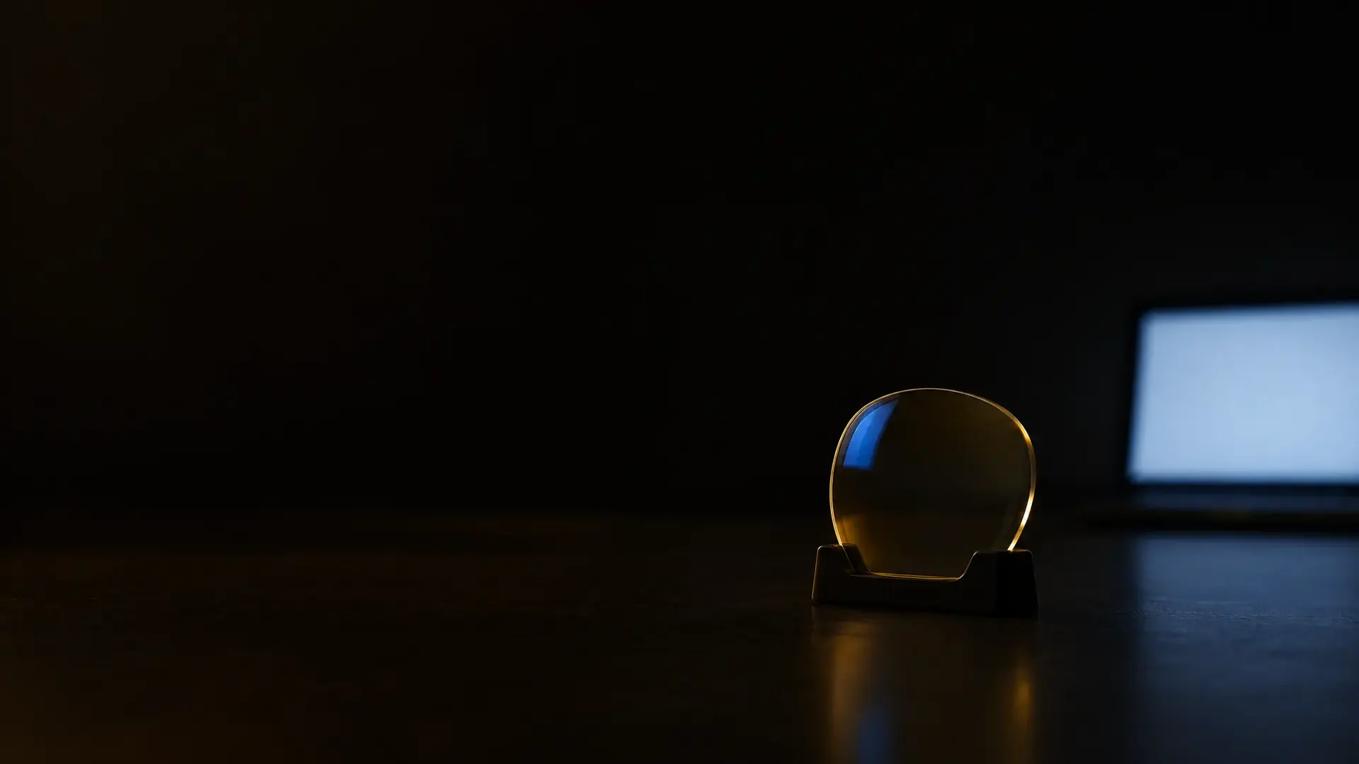 A lens with a faint warm cast in a stand, a blank screen glowing softly behind it.