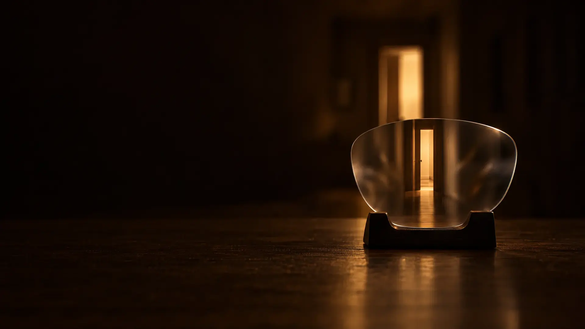 A progressive lens in a stand, a doorway sharp through its narrow central channel and blurred at its sides.