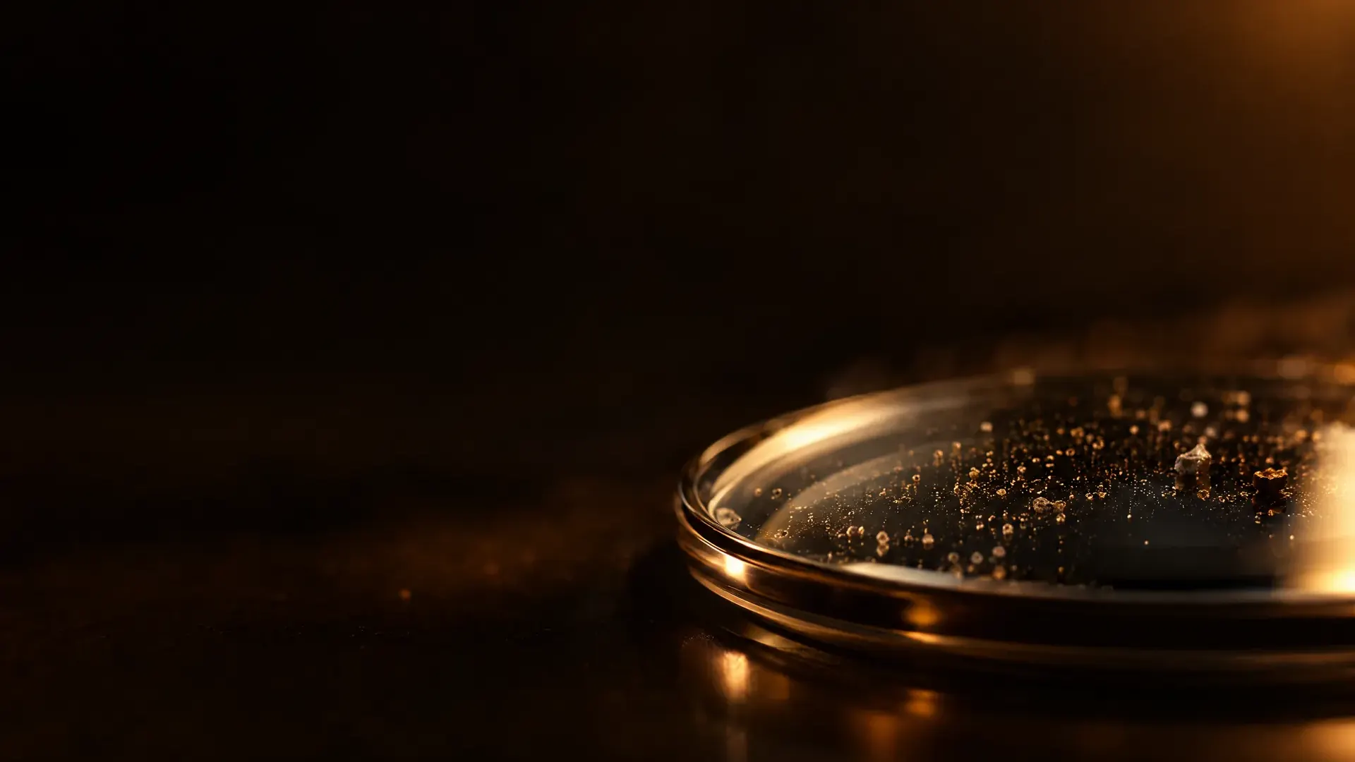 Grains of dust resting on a polished lens surface in raking light.