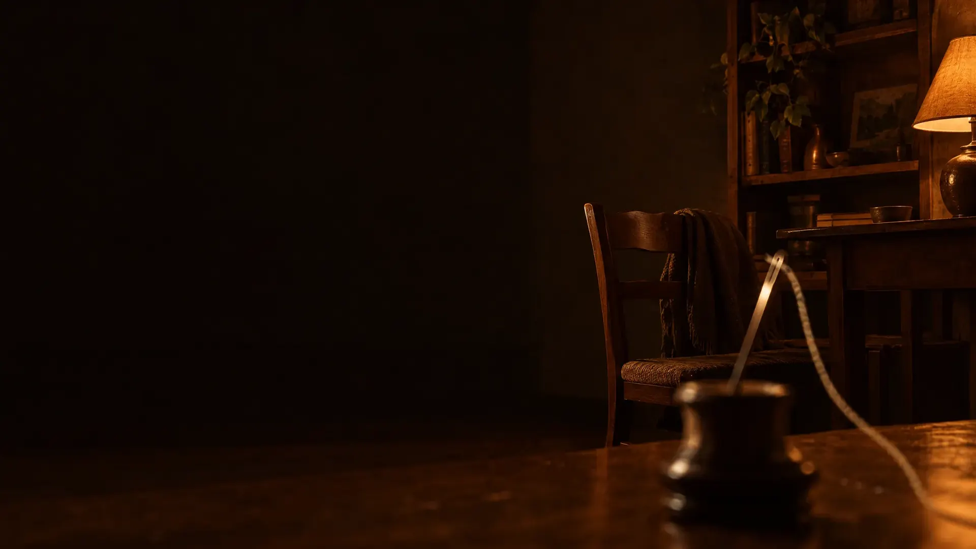 A needle and thread blurred close to the camera, the lamp-lit room behind them sharp.
