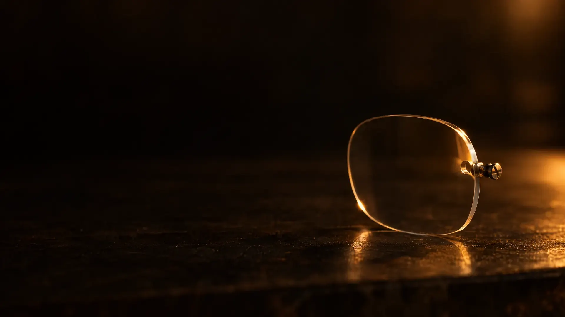 A drilled rimless lens held by a small screw mount, light catching the drill hole.