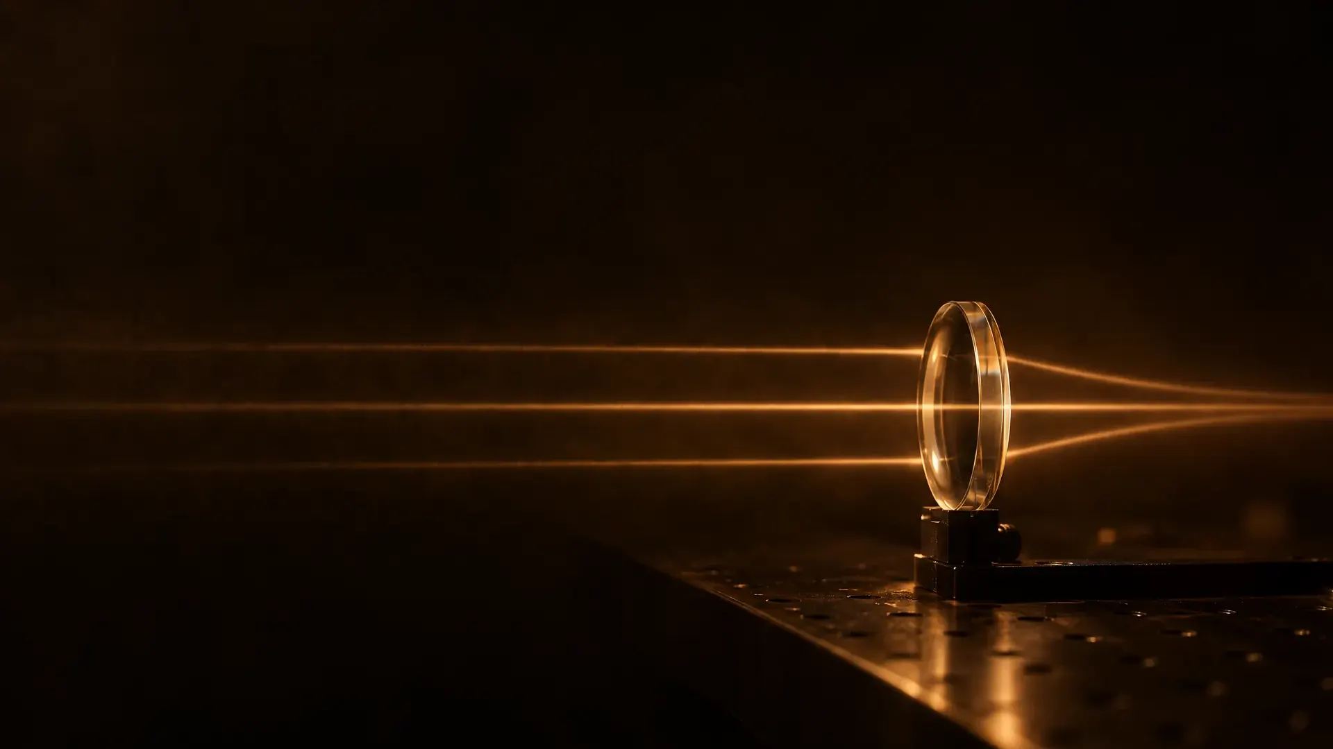 Three parallel beams meeting a lens: the center beam passes straight through, the outer beams bend toward it.