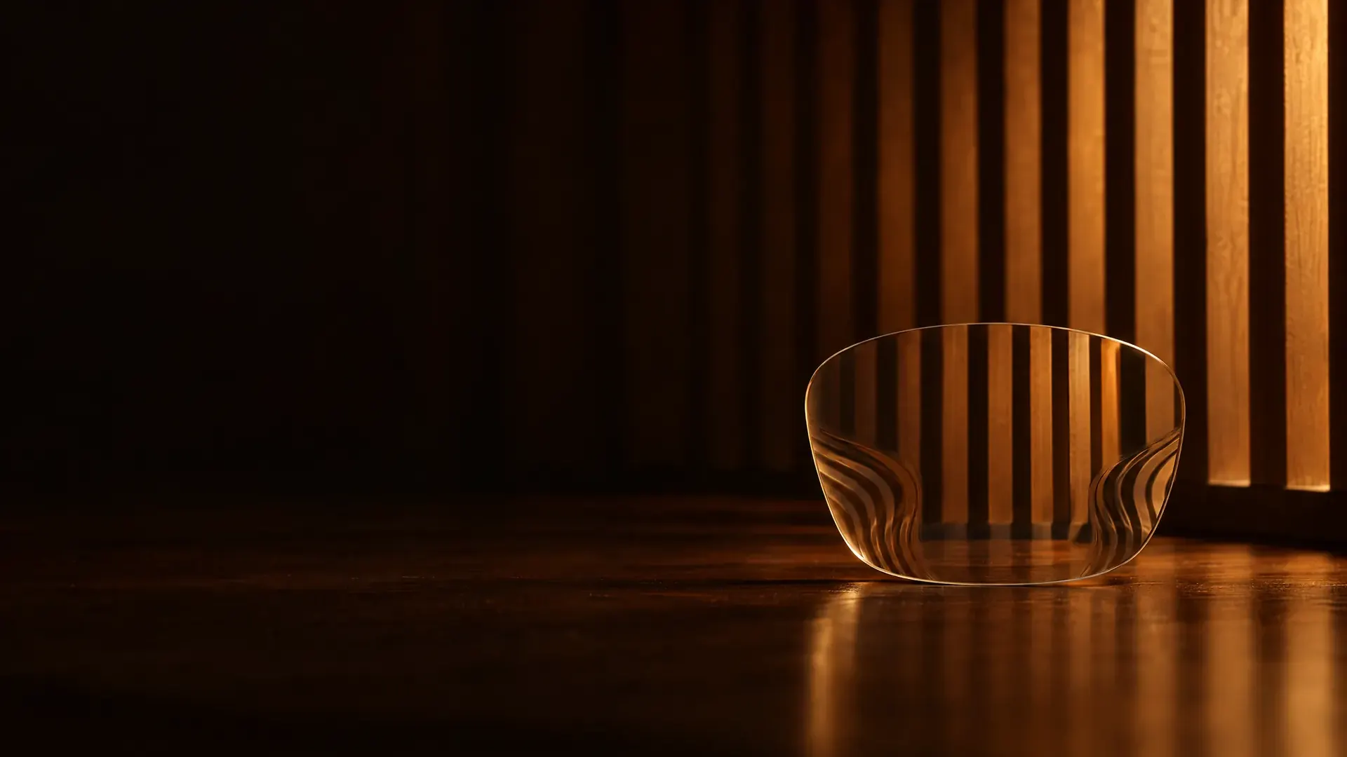 Straight wooden slats seen through a progressive lens: straight at the center, rippling at its lower sides.