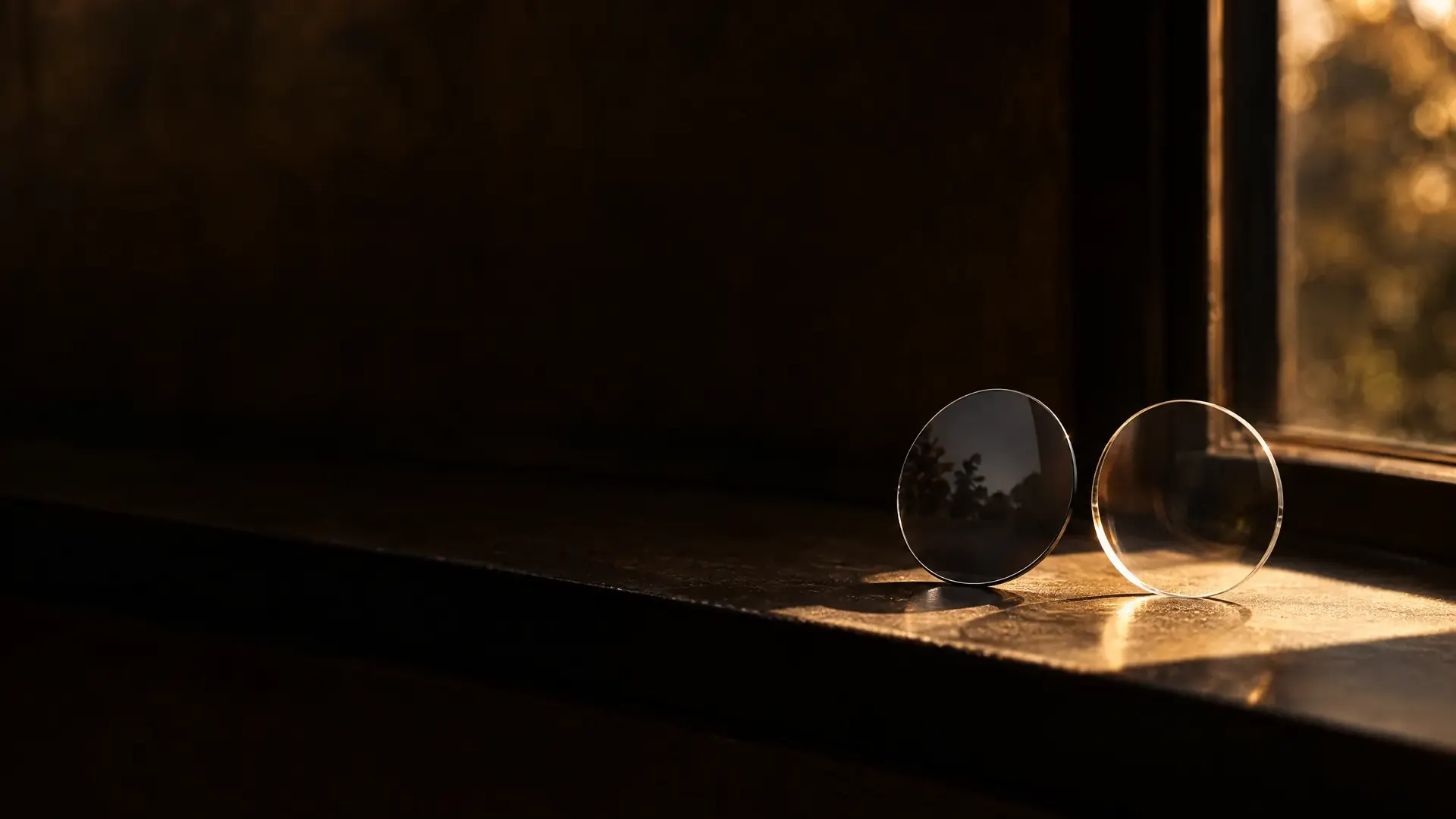 Two lenses on a sill: the one in sunlight has darkened, the one in shade is still clear.