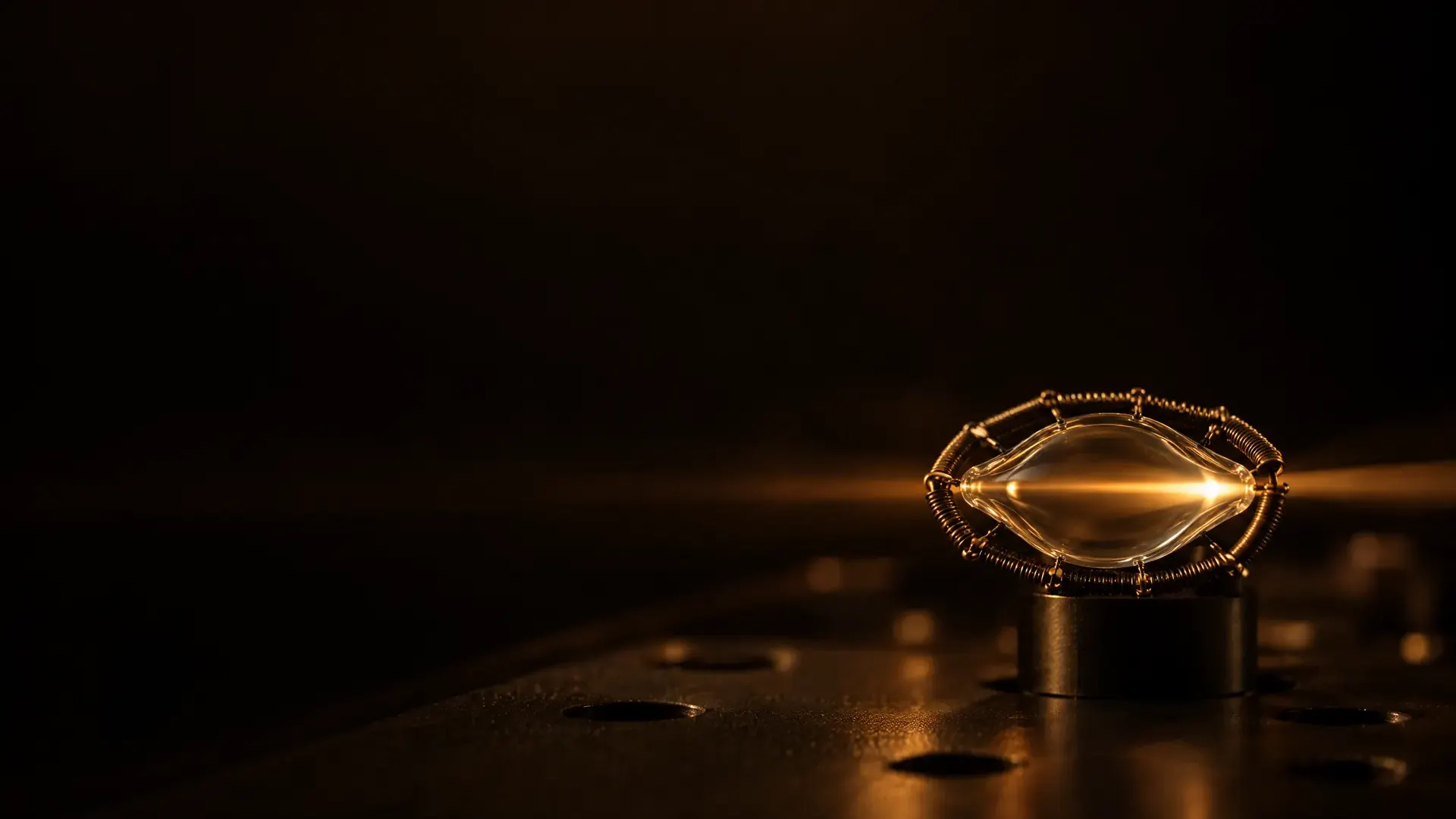 A small soft lens held in a ring of fine springs, bulging as they draw in, a beam of light passing through it.