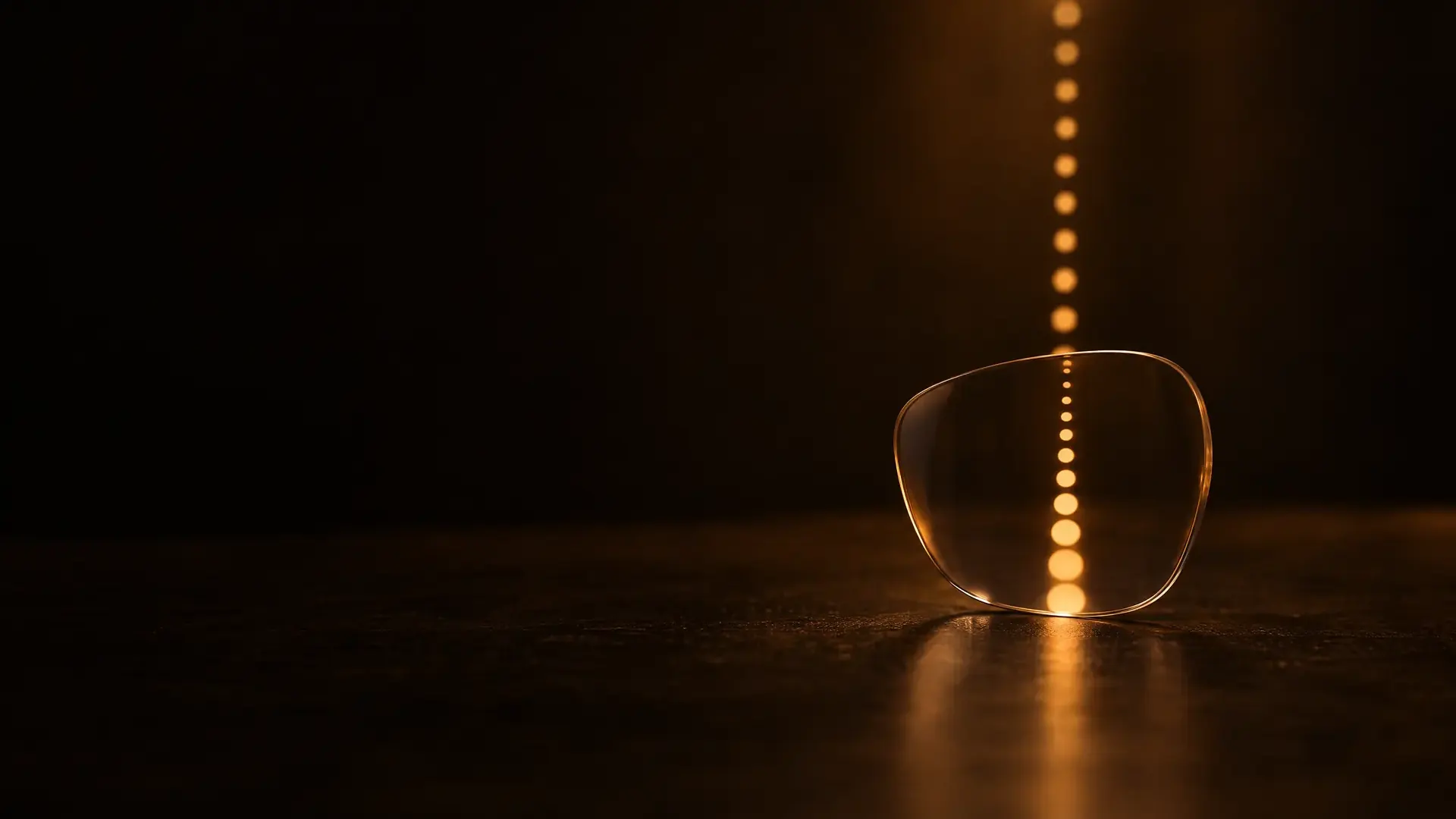 A progressive lens in front of a column of light dots that grow gradually larger toward its bottom.
