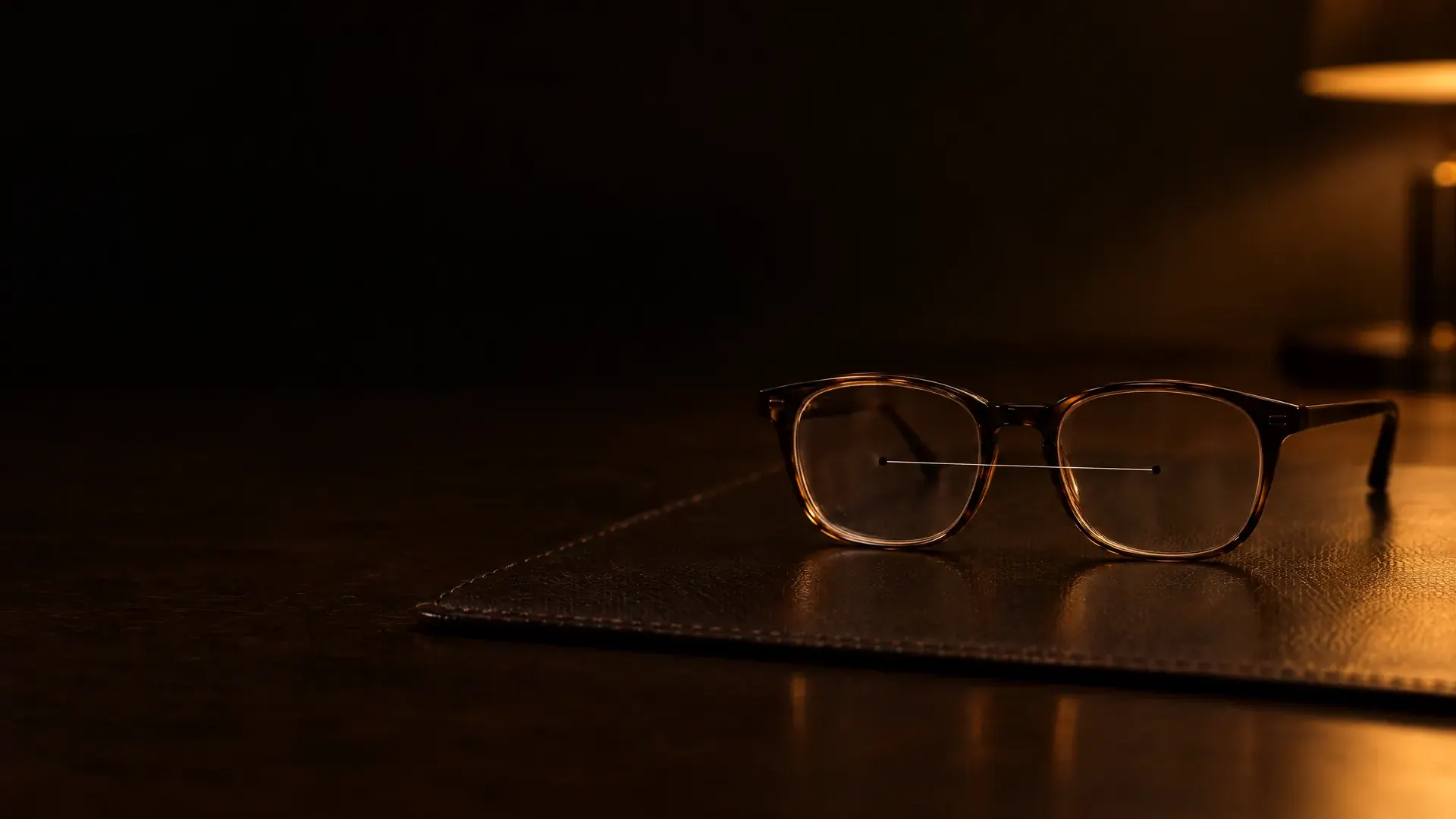 A frame on a leather fitting mat, a fine thread stretched between dots at the center of each lens.