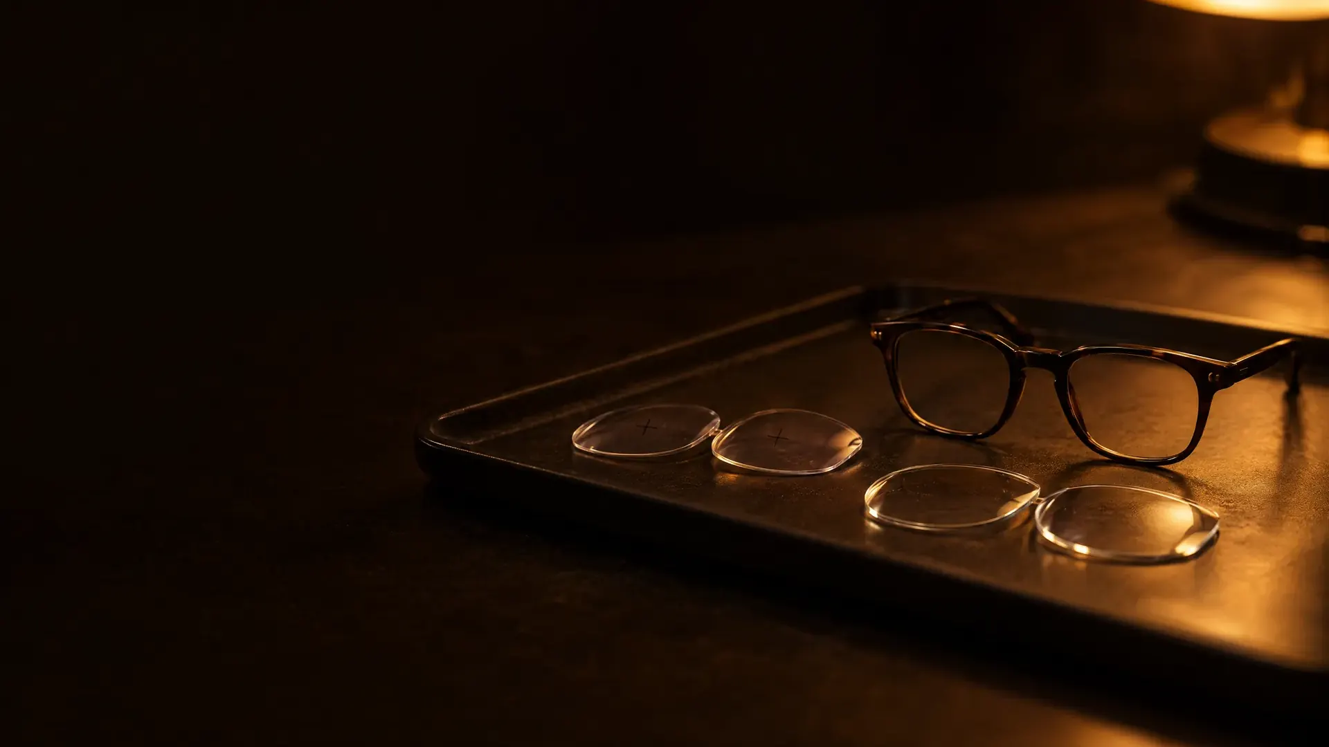 A tray holding an empty frame, an old pair of lenses set aside and a new pair ready.