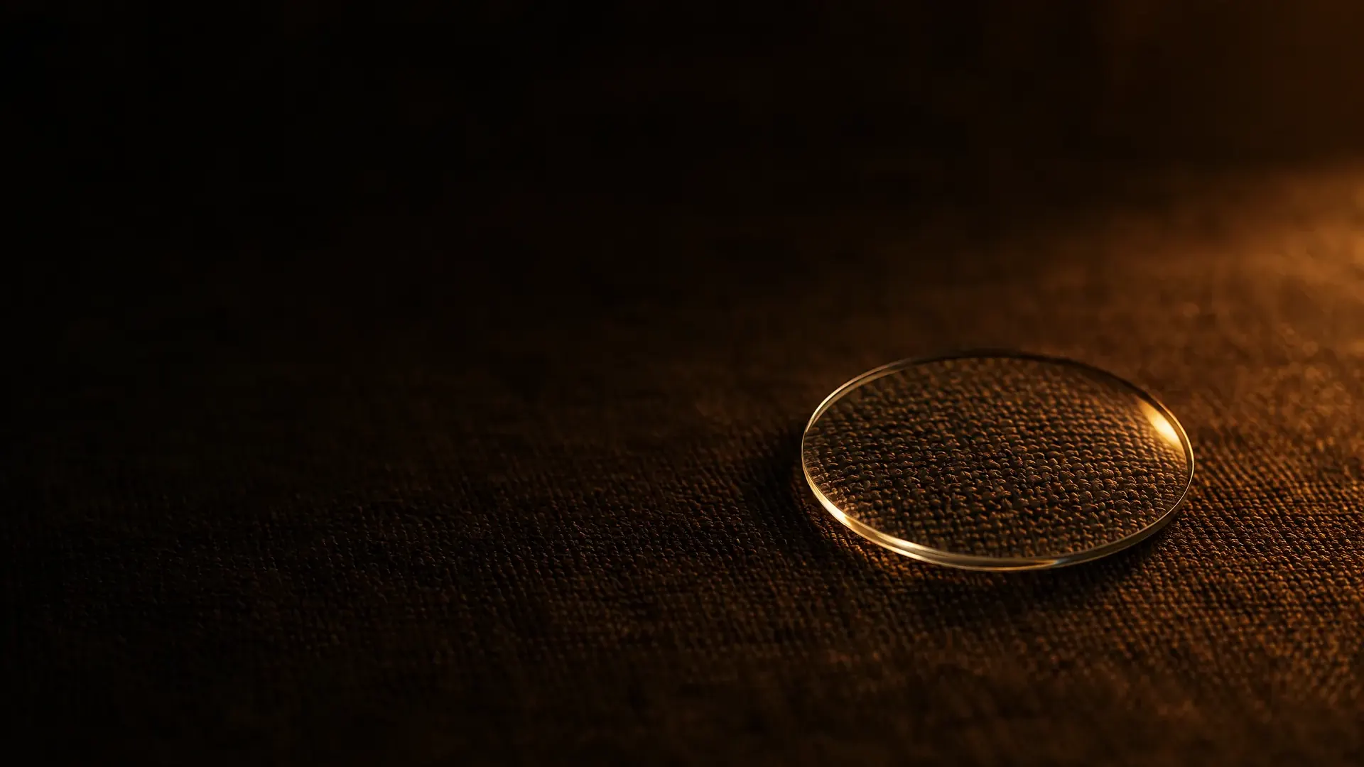 A single lens lying on woven linen, the weave magnified evenly across the whole lens.