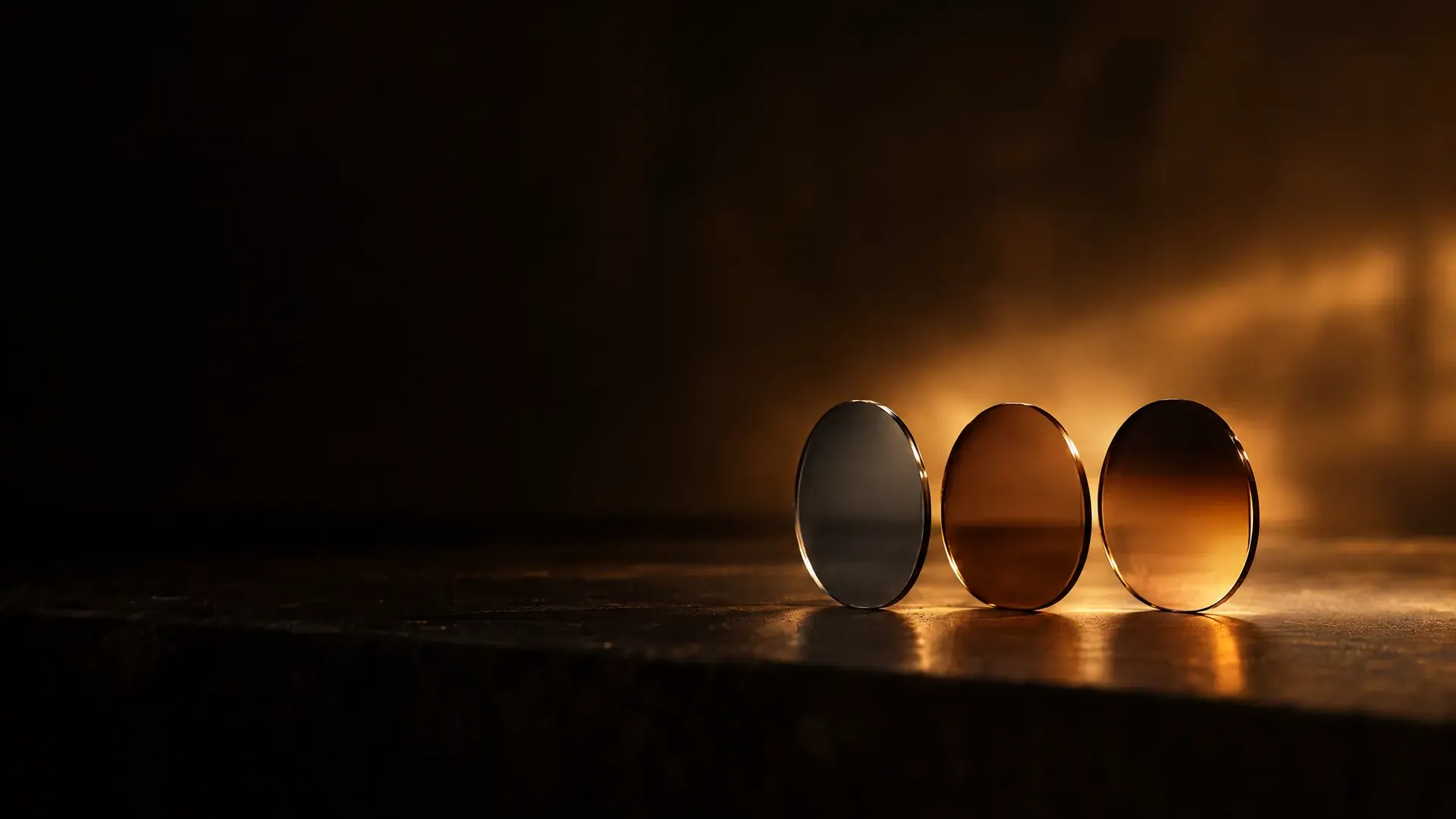 Three lenses in a row, tinted gray, brown, and an amber gradient.