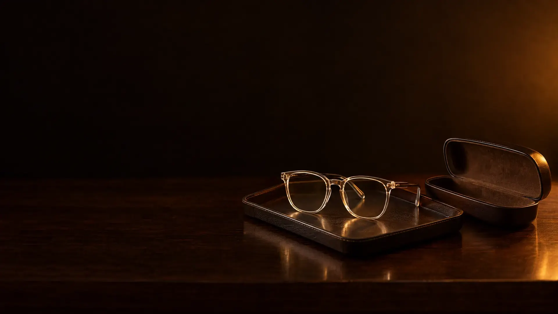 A new pair of glasses on a leather tray on a dark counter, an open glasses case beside it.