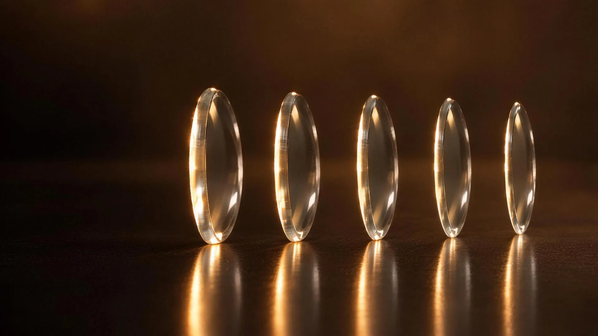 Five thin clear lenses of the same size stood on their edges in a row on a dark surface, each turned so both its face and its slim polished edge show, each edge a little slimmer than the one before, warm light running along every one.
