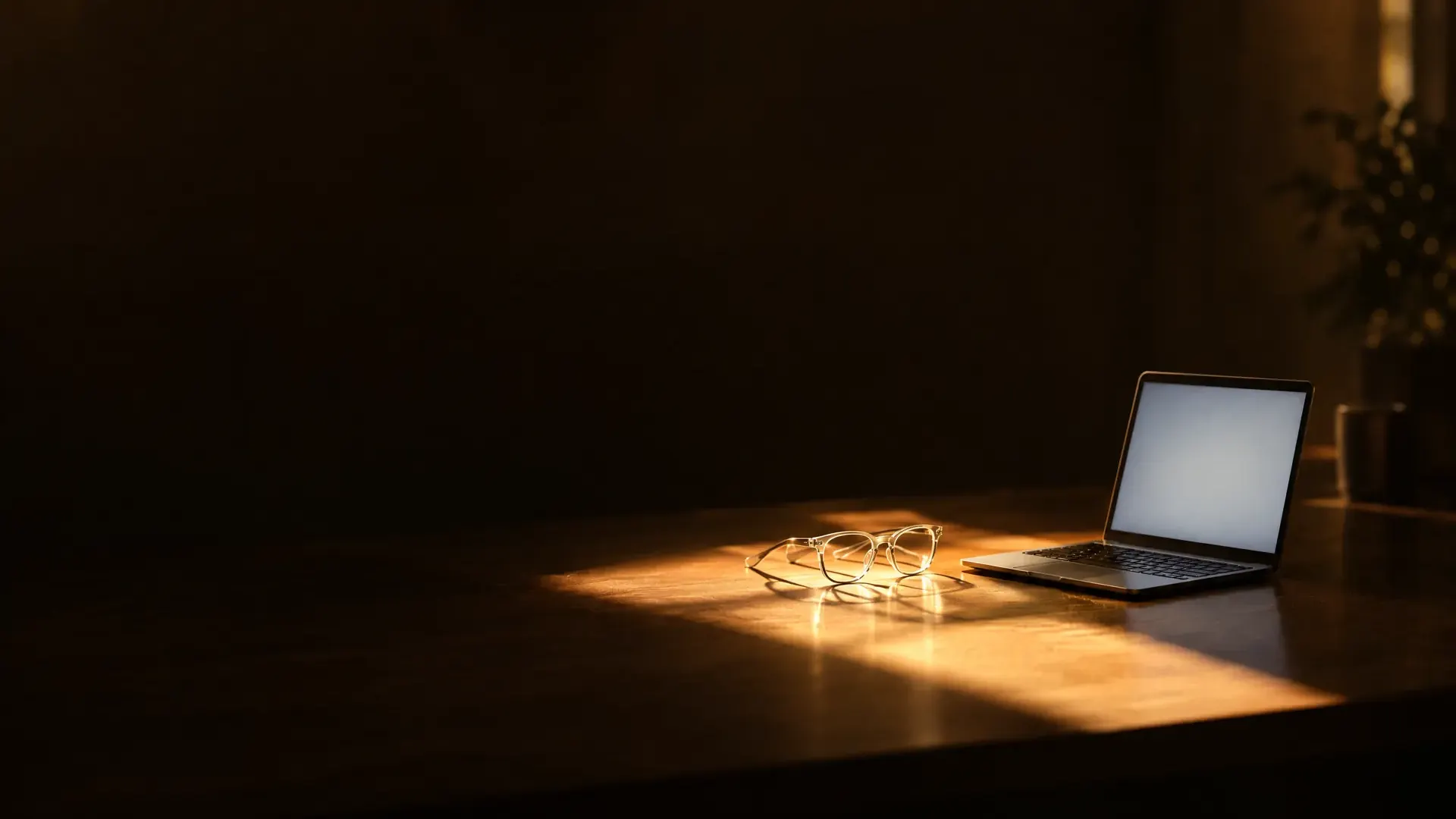 A laptop's faint screen glow outshone by a slab of sunlight across the desk, a pair of glasses lying in the sun.
