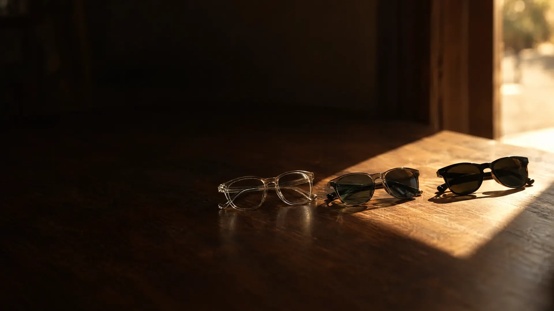 Three pairs of glasses on a table at the edge of sunlight: clear, gray-lensed, and dark sunglasses.