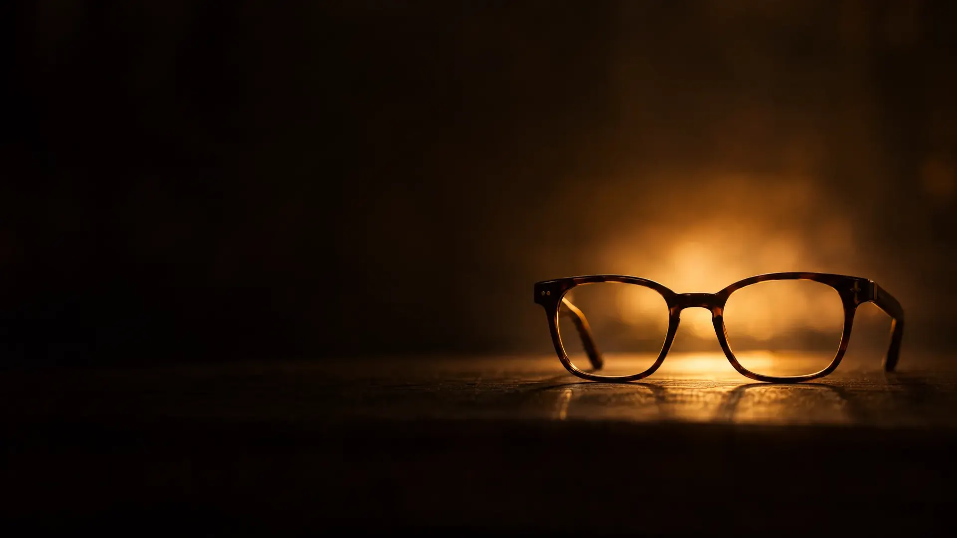 An empty frame standing on a bench, warm light glowing through its open lens openings.