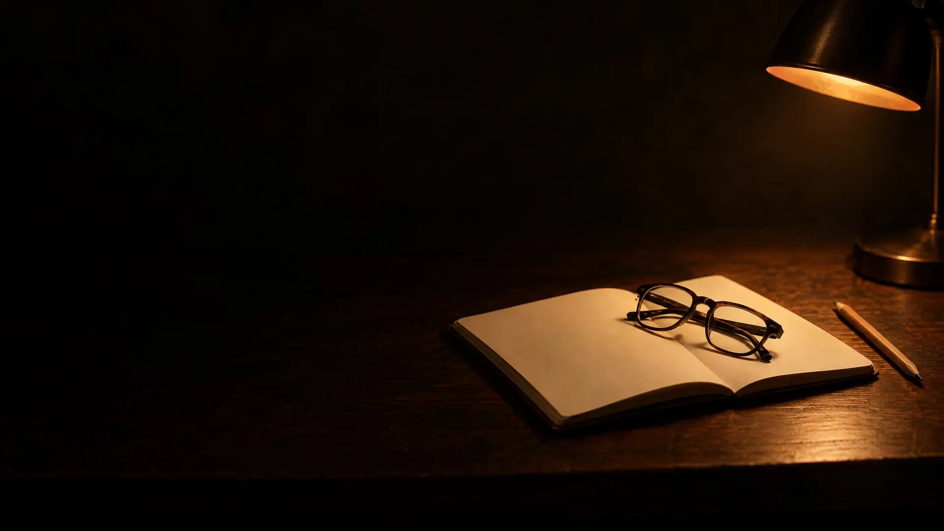A pair of glasses laid across an open blank notebook beside a pencil, under a desk lamp.