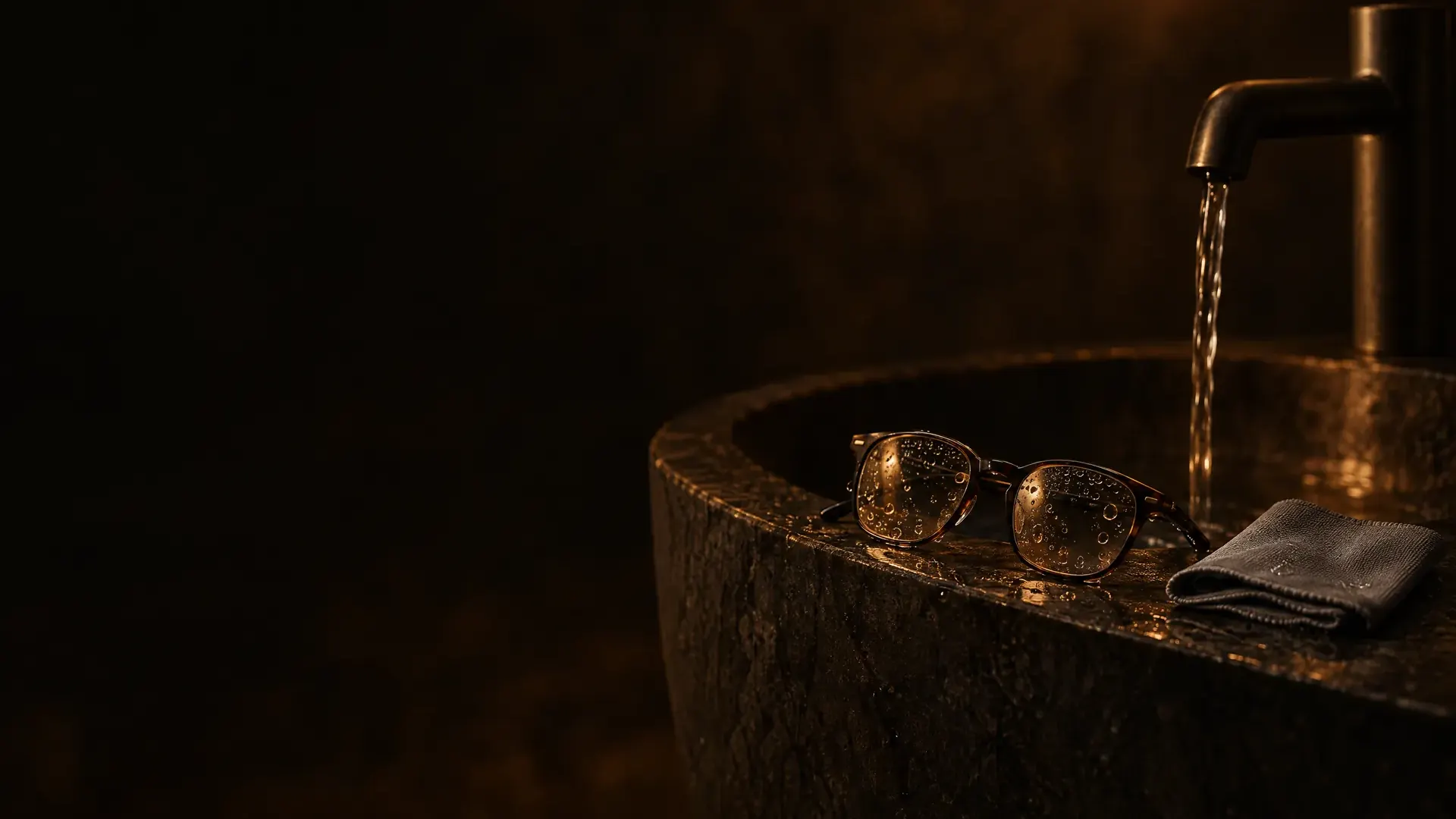 A pair of glasses on the edge of a stone basin under a gentle stream of water, a folded microfiber cloth beside them.