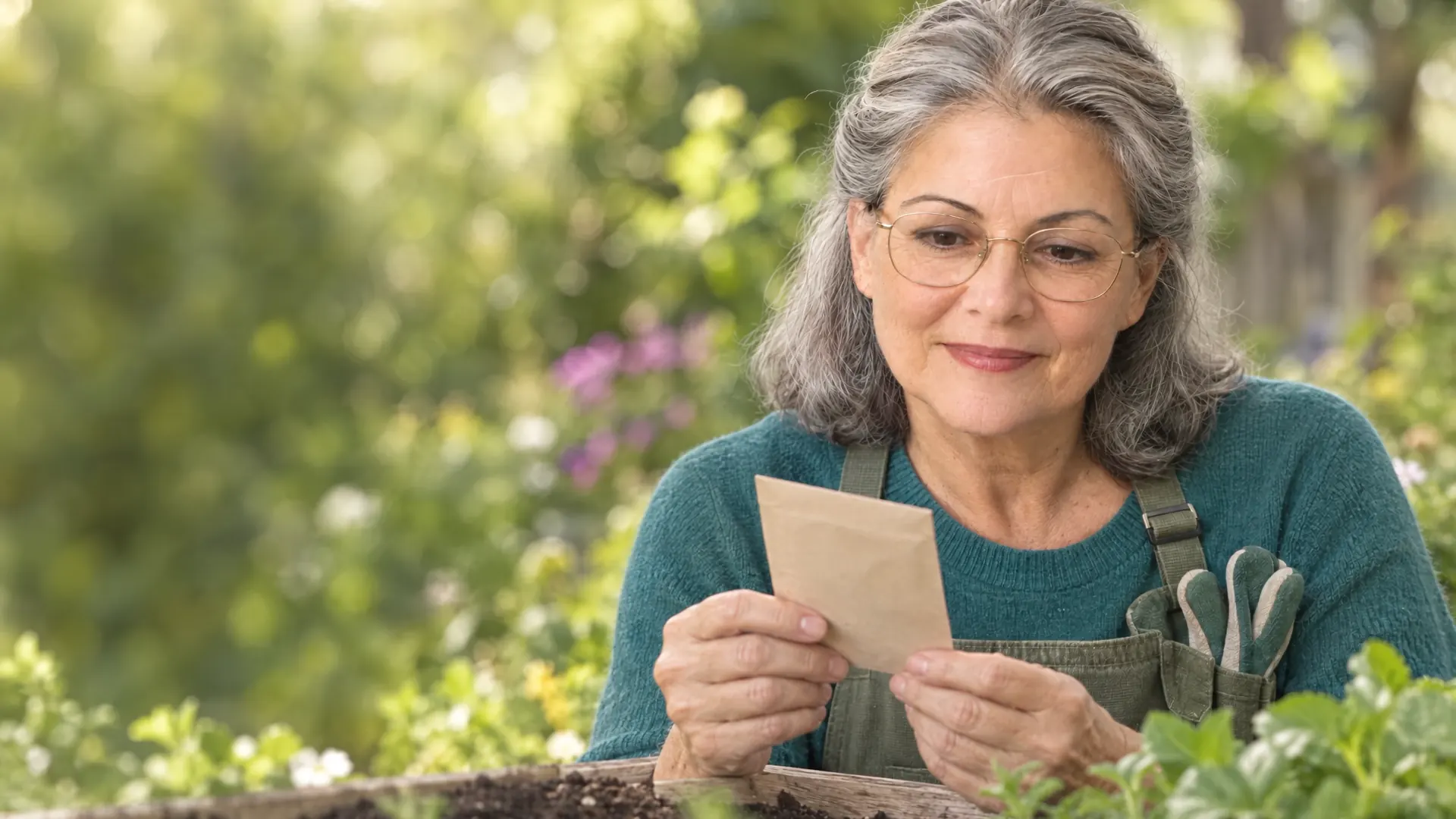 A woman in her sixties with gray hair and light gold glasses reads a small seed packet in her garden on a bright morning.