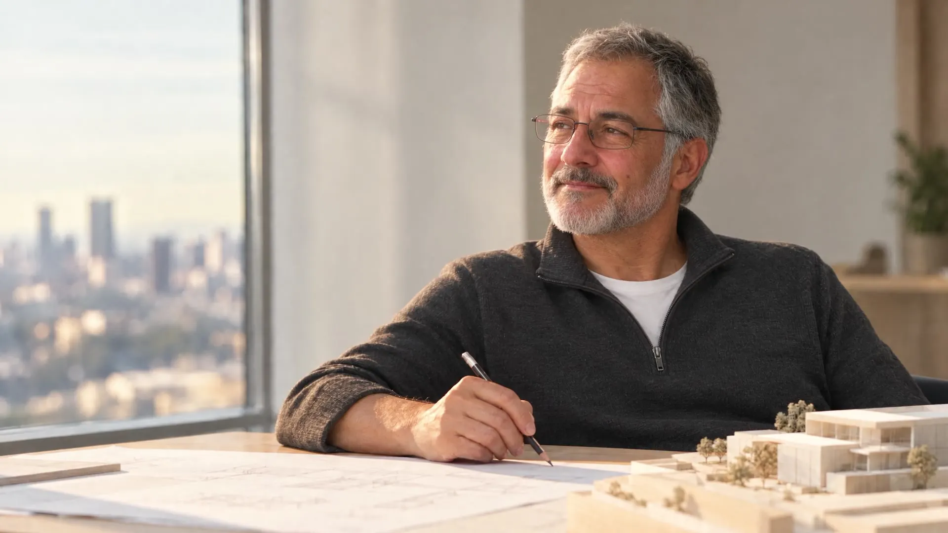 A man in his late fifties with a short gray beard and thin gunmetal glasses sits at a studio desk with drawings and an architectural model, looking out of the window at the city.