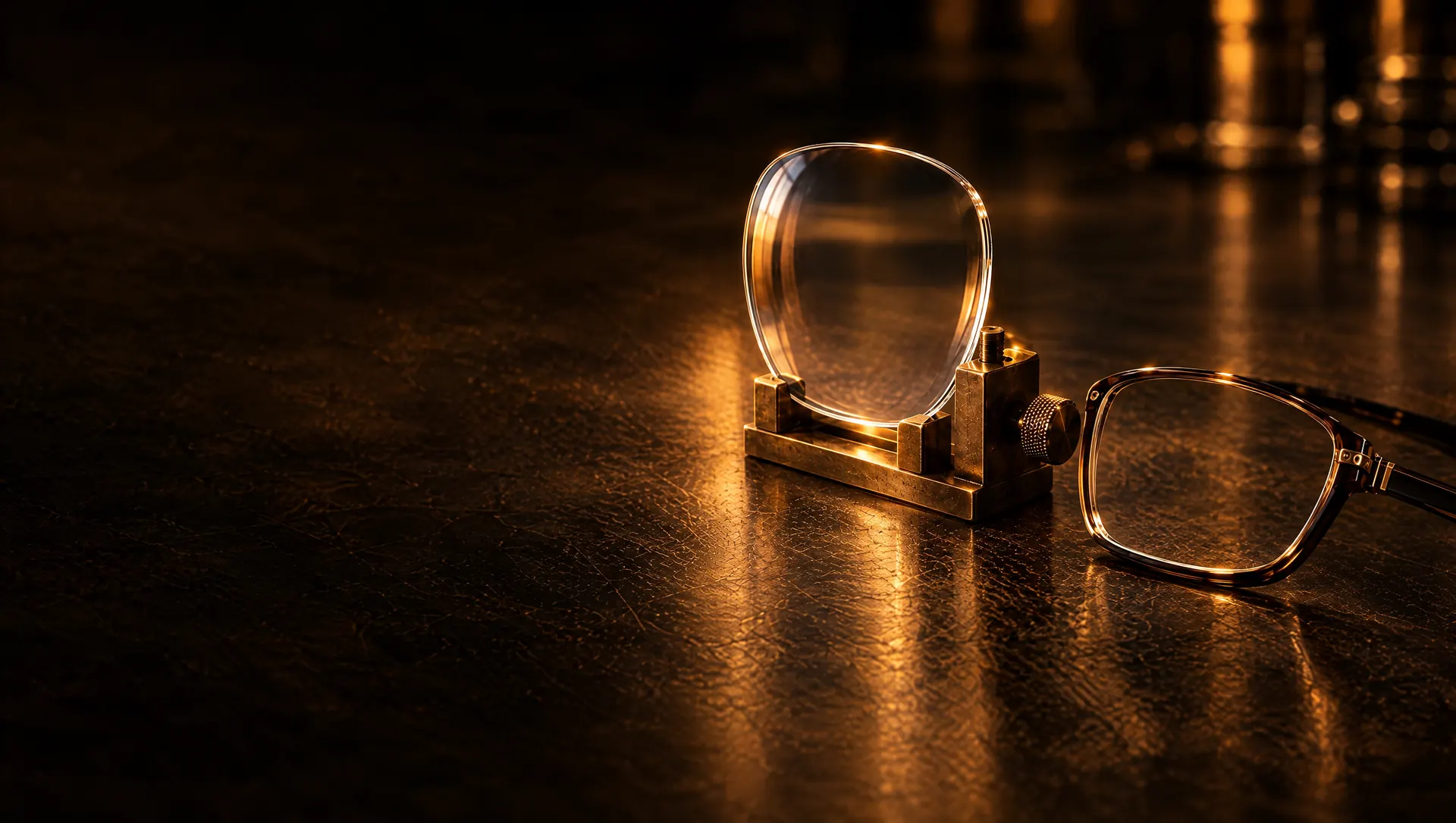 A clear lens edged to a frame shape stands upright in a small brass holder on a dark workbench, with an empty spectacle frame of the same shape lying open to its right.