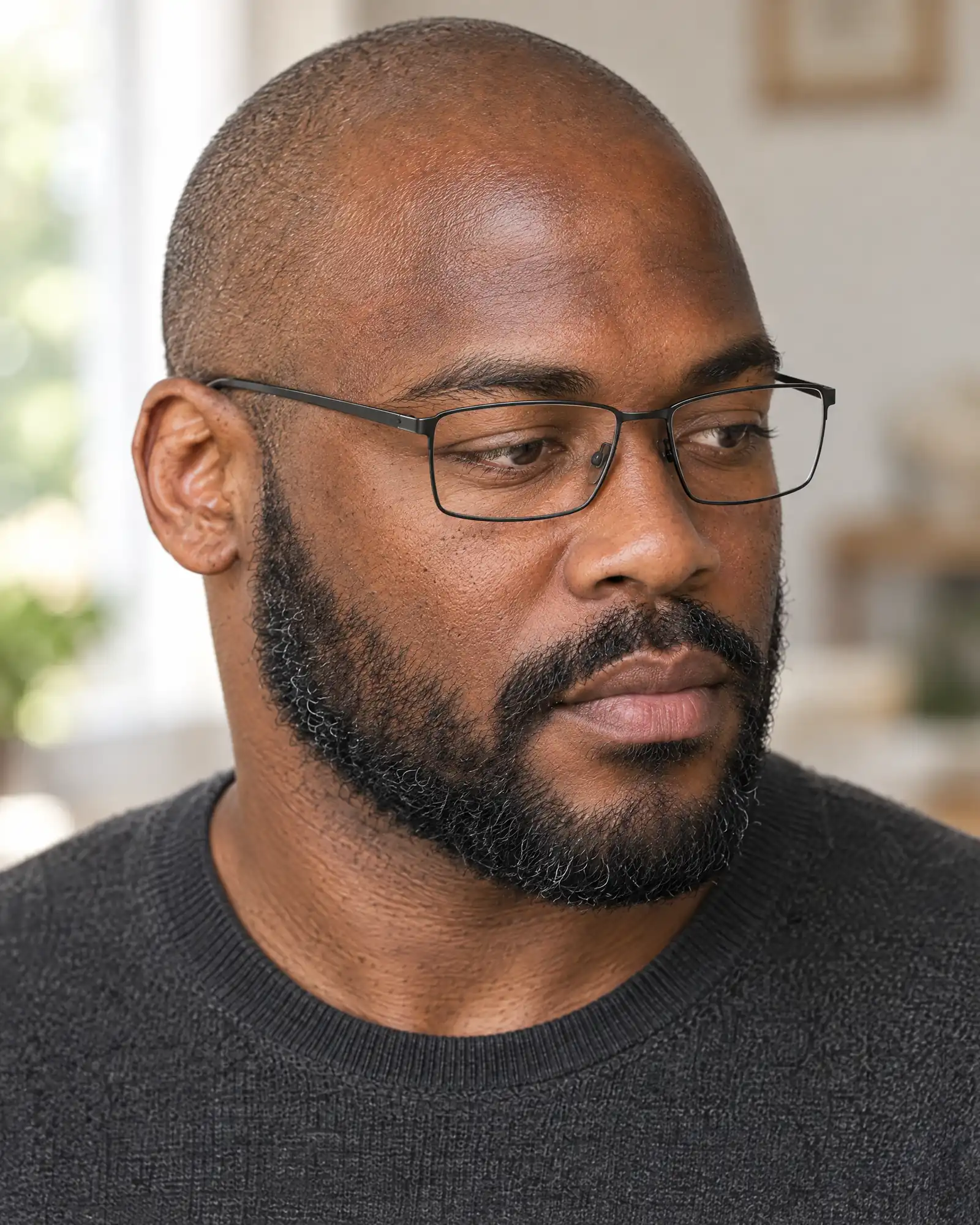 A man in his late thirties with a shaved head and a full short beard, in thin matte-black rectangular glasses, looks down and away; the temple arm runs back along his cheekbone to his ear.