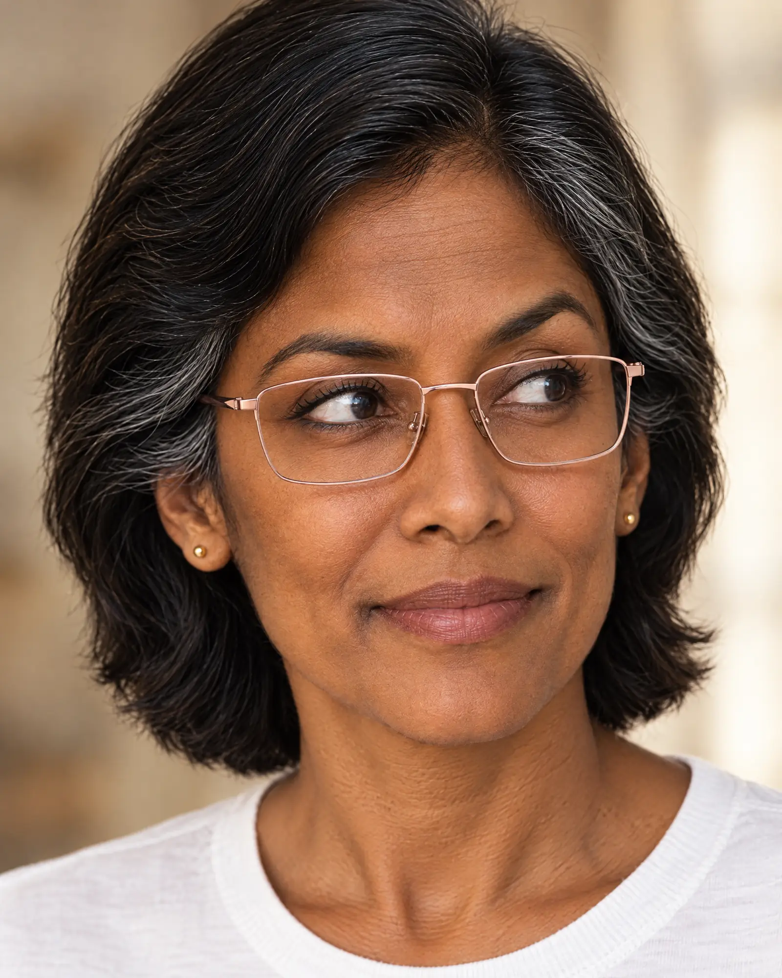 A close portrait of a woman in her forties with short black hair silvering at the temples, in thin rose-gold glasses, her head square to the camera and her eyes turned hard to one side, looking out through the edge of her lens.