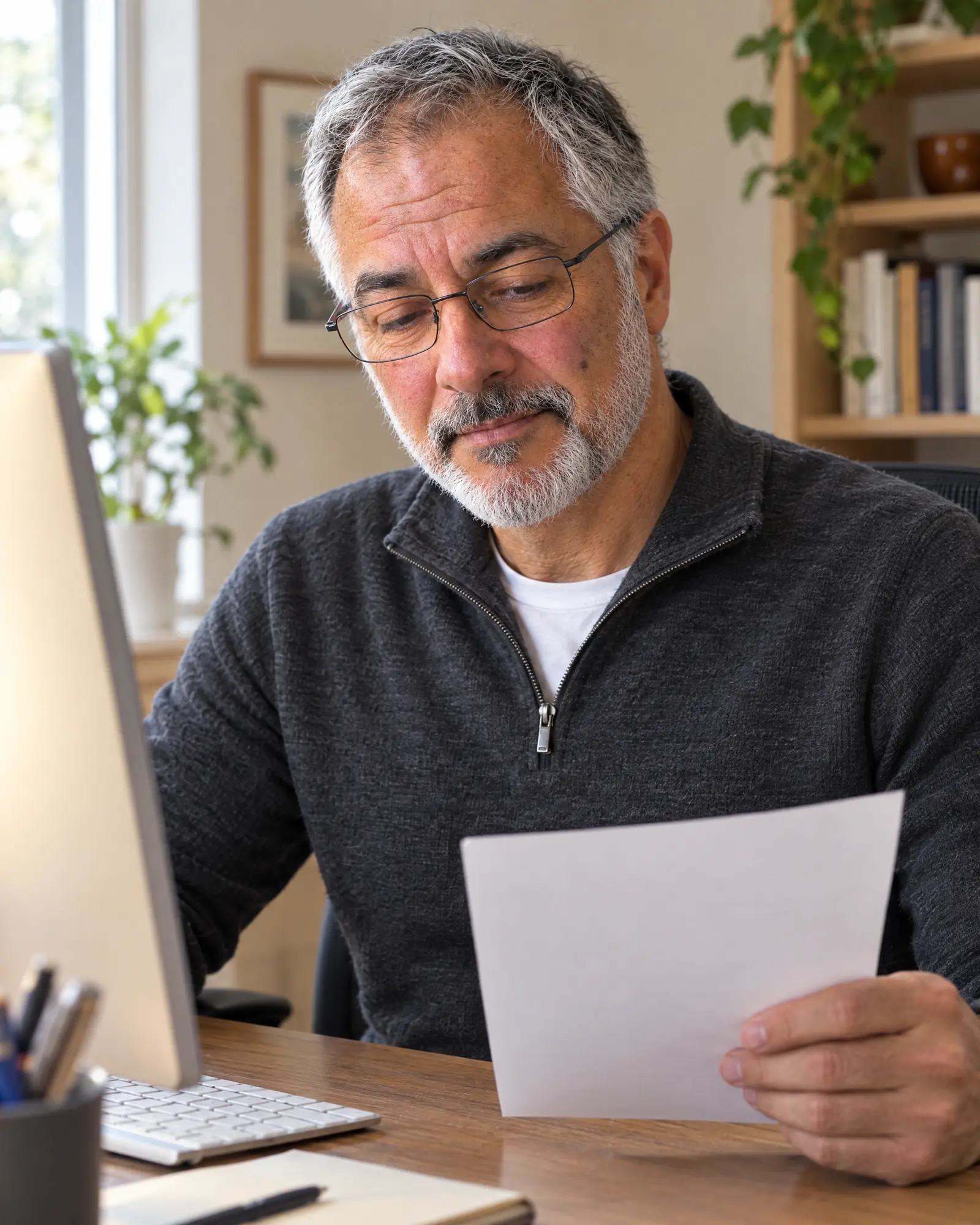 A man in his late fifties with a short gray beard and thin gunmetal glasses at his desk, looking down at a sheet held in one hand with a monitor at arm's length beside him.