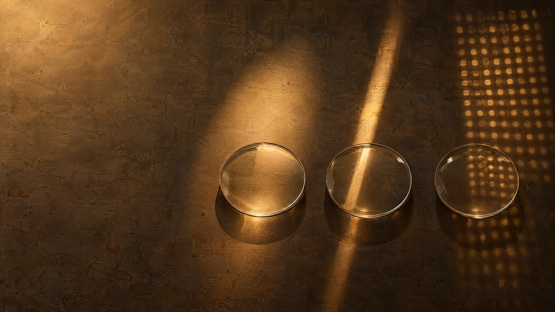 Seen from above: three lenses in a row on dark steel, each lit by a different pattern of light.