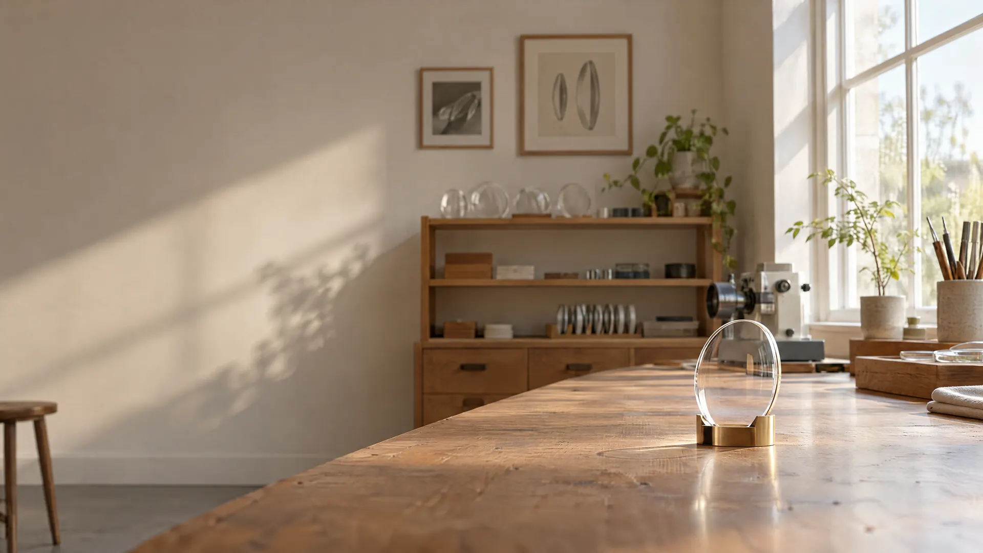 A bright, airy workshop in morning daylight, one finished lens standing in a brass holder on the bench.