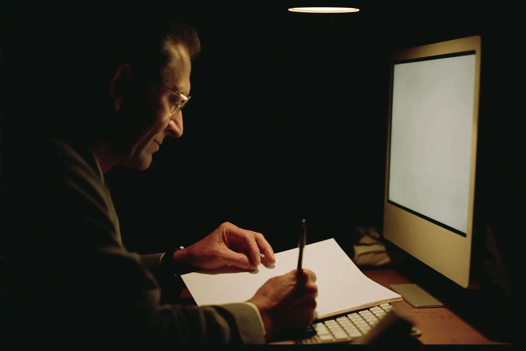 A doctor writing on a blank pad beside a soft warm-white monitor with no readable content.