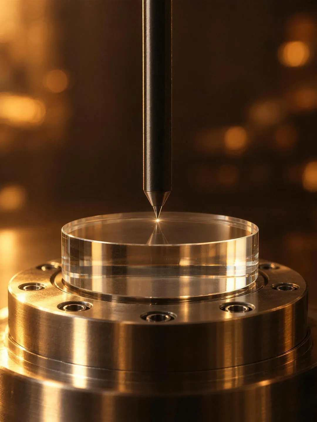 A clear lens blank held on a bolted steel fixture, a fine point descending to touch the center of its surface.